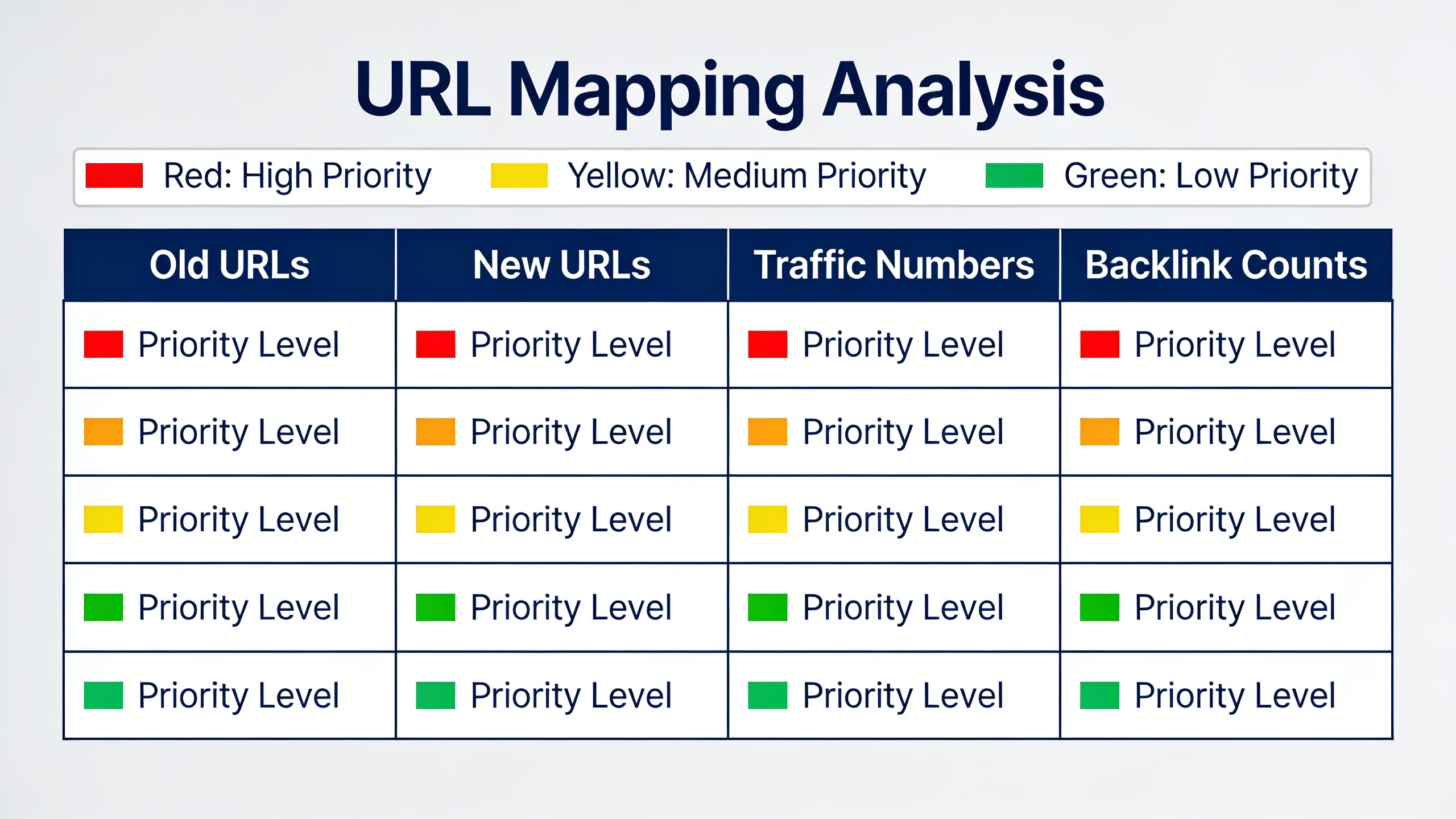 URL inventory spreadsheet showing old and new URLs mapped with traffic and backlink data
