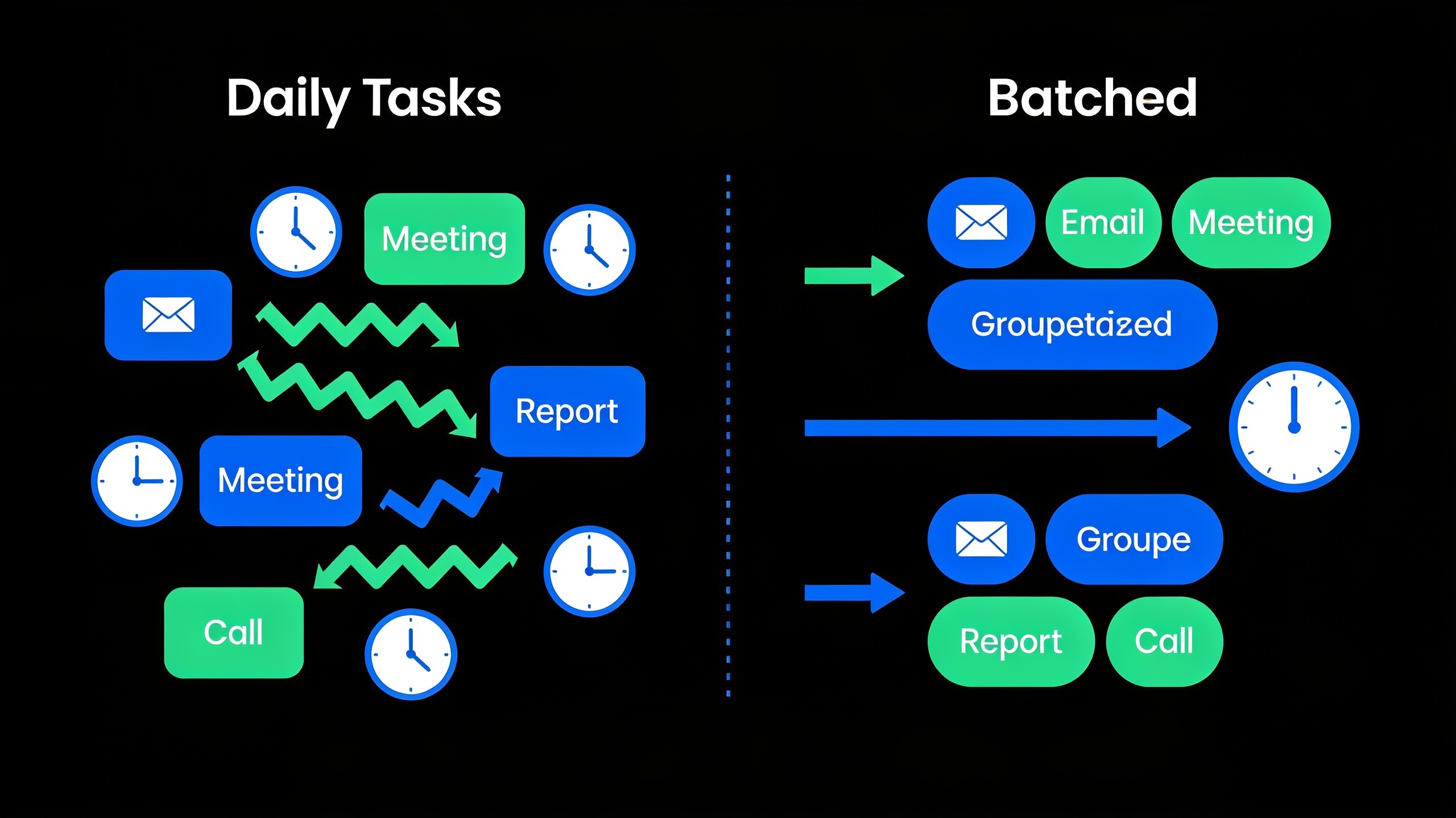 Visual comparison of scattered daily tasks versus batched content work showing time savings from reduced context-switching