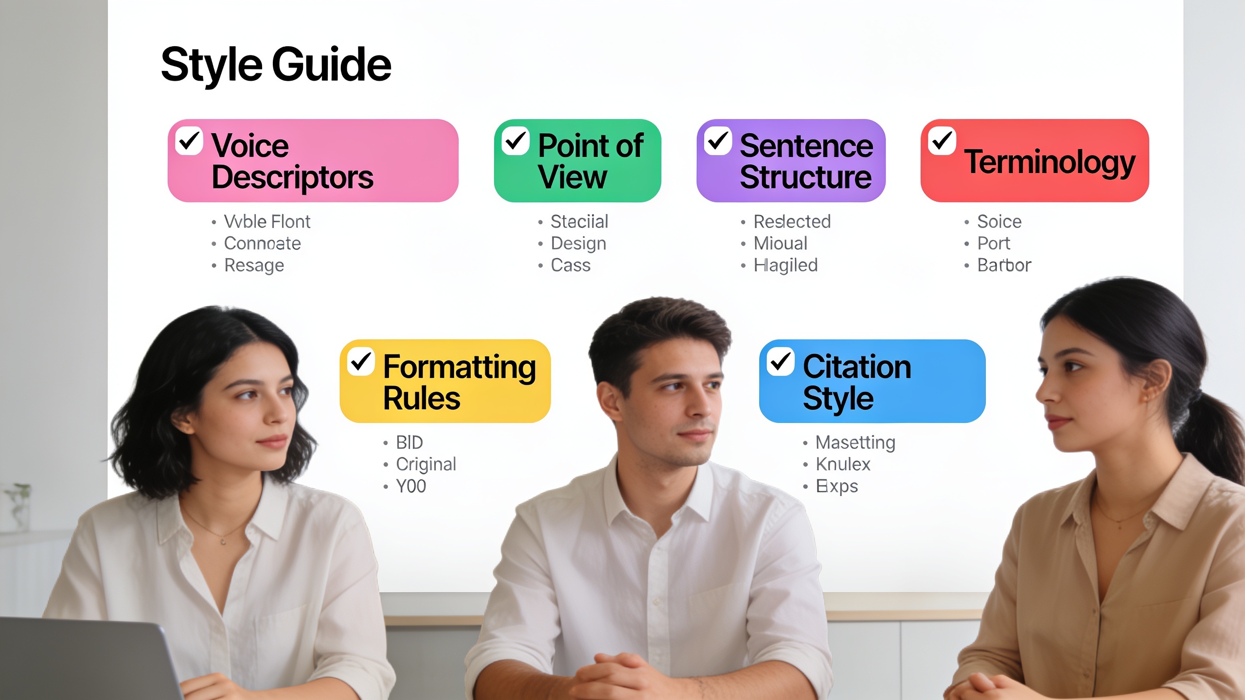 Style guide framework showing key elements that control multi-author blog consistency including voice, terminology, and formatting rules