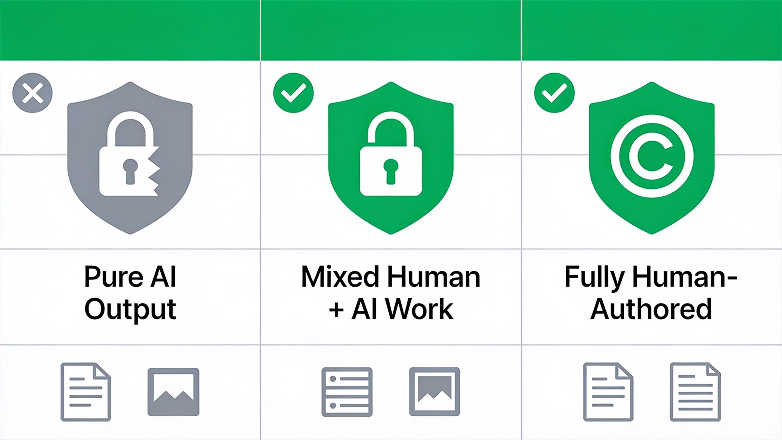 Copyright protection comparison chart showing which types of AI-assisted content are protectable versus unprotectable under U.S. law