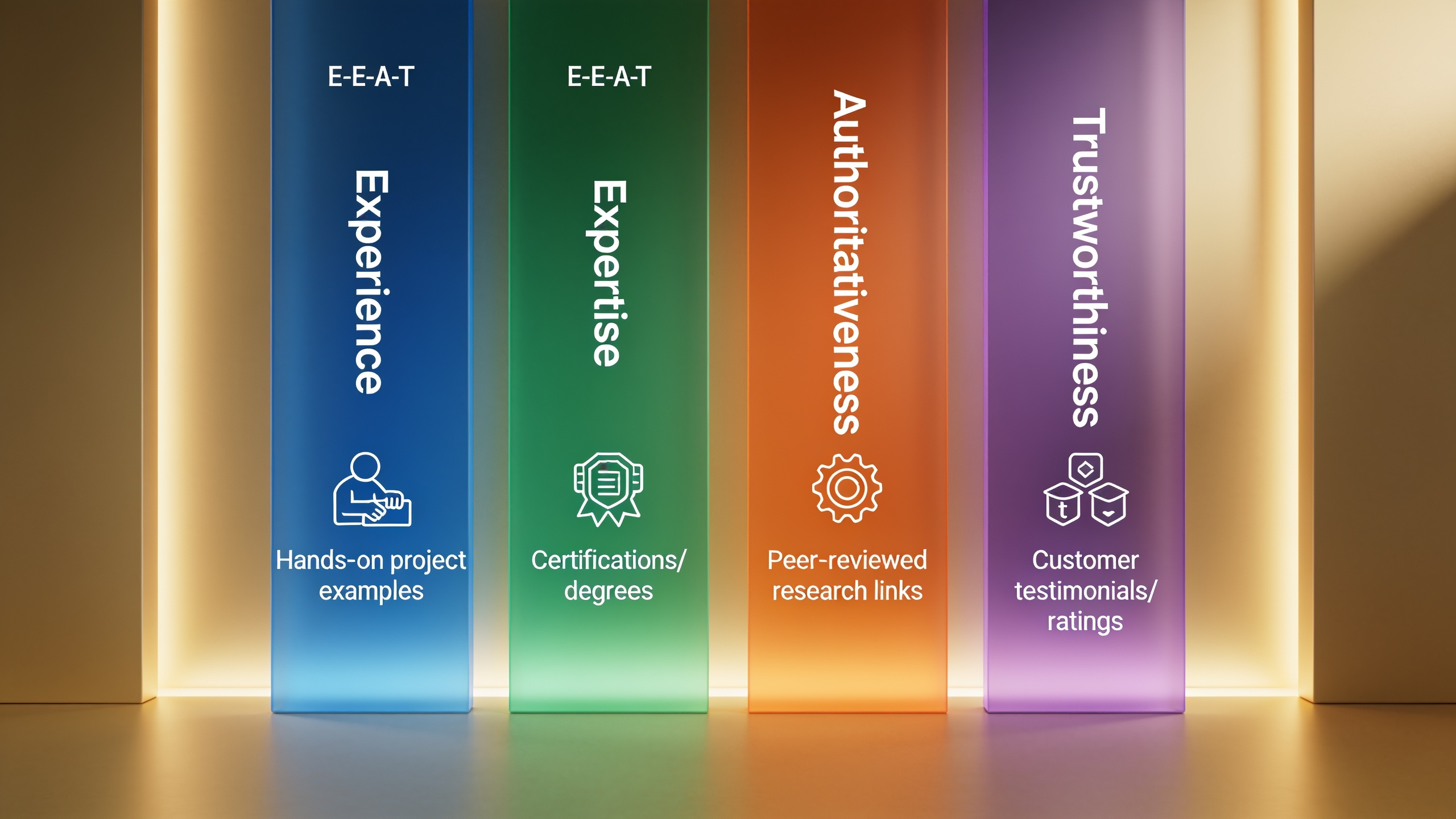 E-E-A-T framework infographic showing Experience, Expertise, Authoritativeness, and Trustworthiness as four pillars with icons and examples