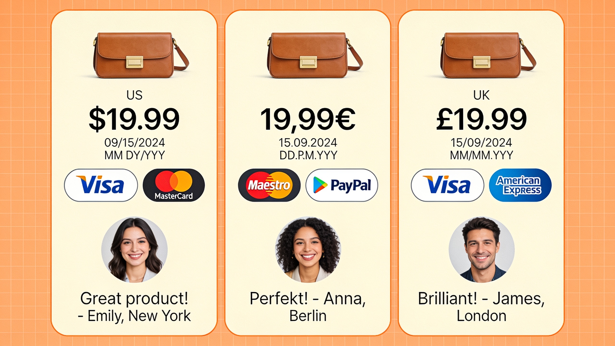 E-commerce localization comparison showing currency formats, pricing displays, and regional payment methods across US, European, and UK markets