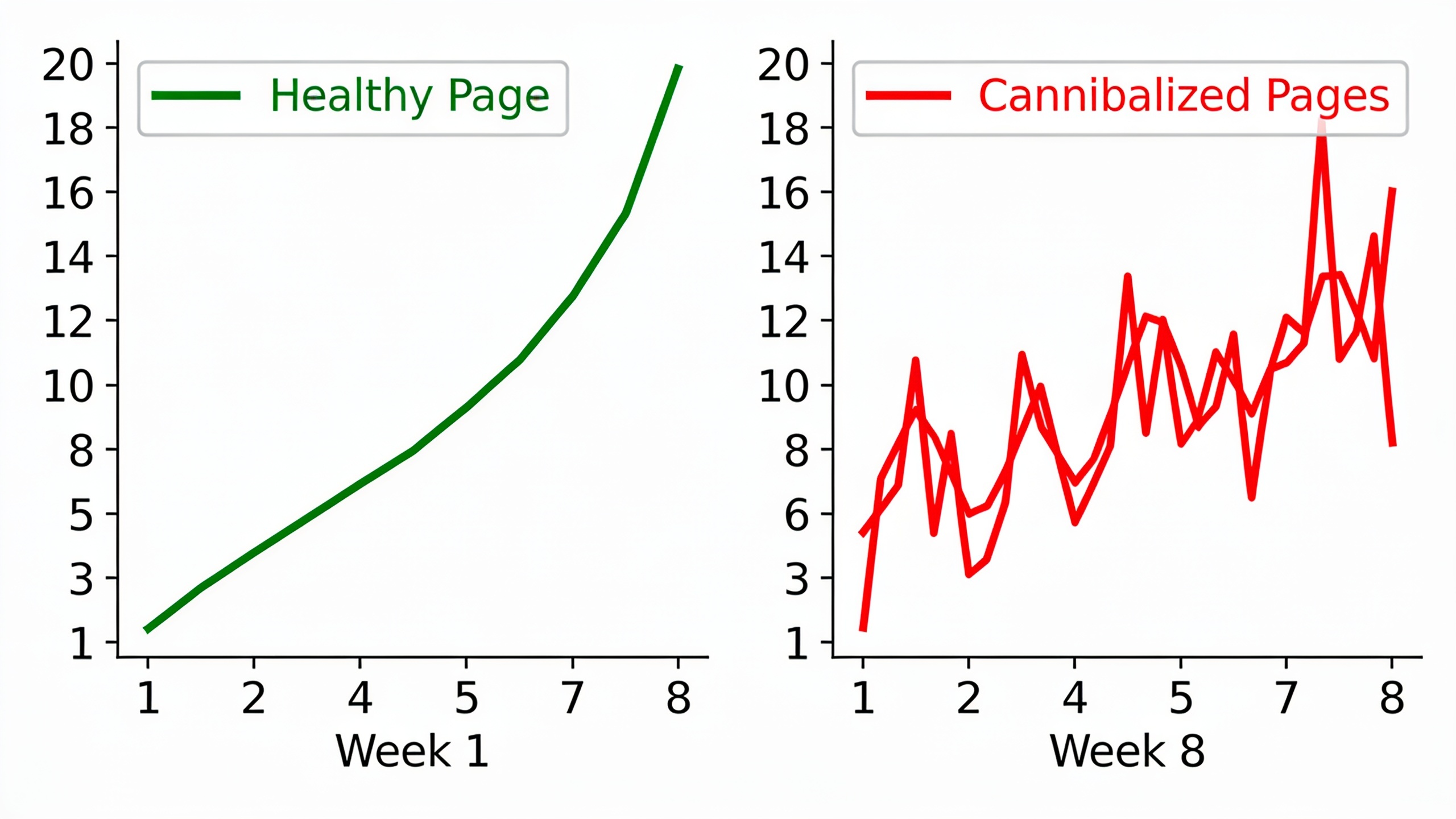 Comparison chart showing stable ranking trends for healthy pages versus erratic position fluctuations for cannibalized pages