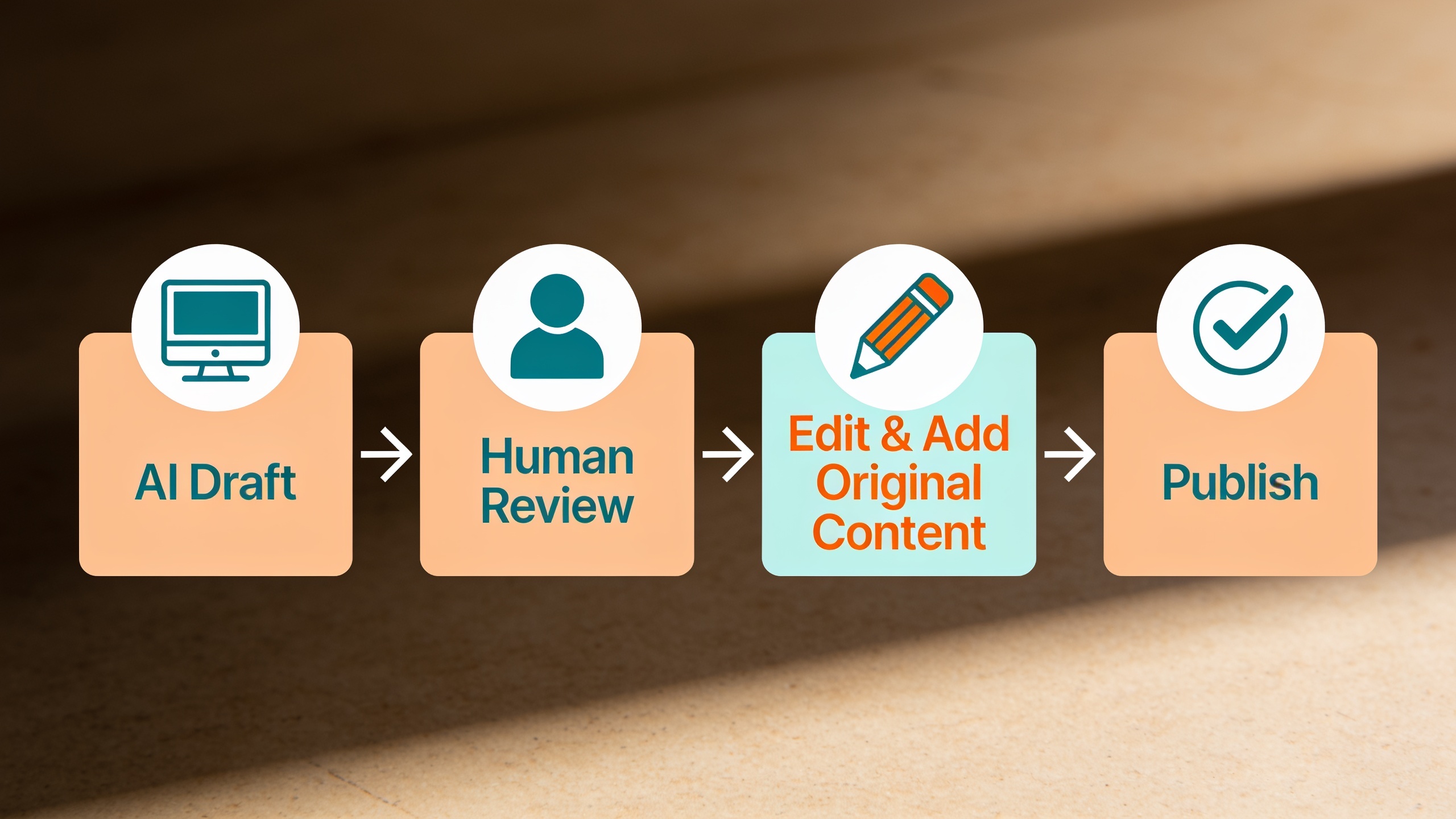 Workflow diagram showing the editorial process for AI-assisted content from draft through publication