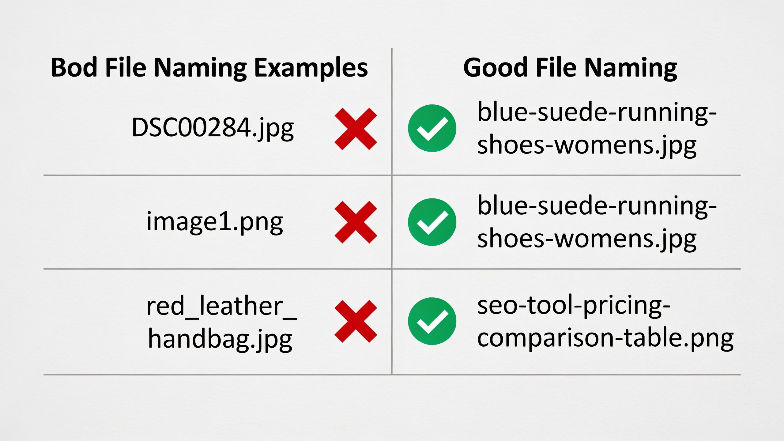 File naming best practices comparison showing incorrect versus correct image file naming conventions