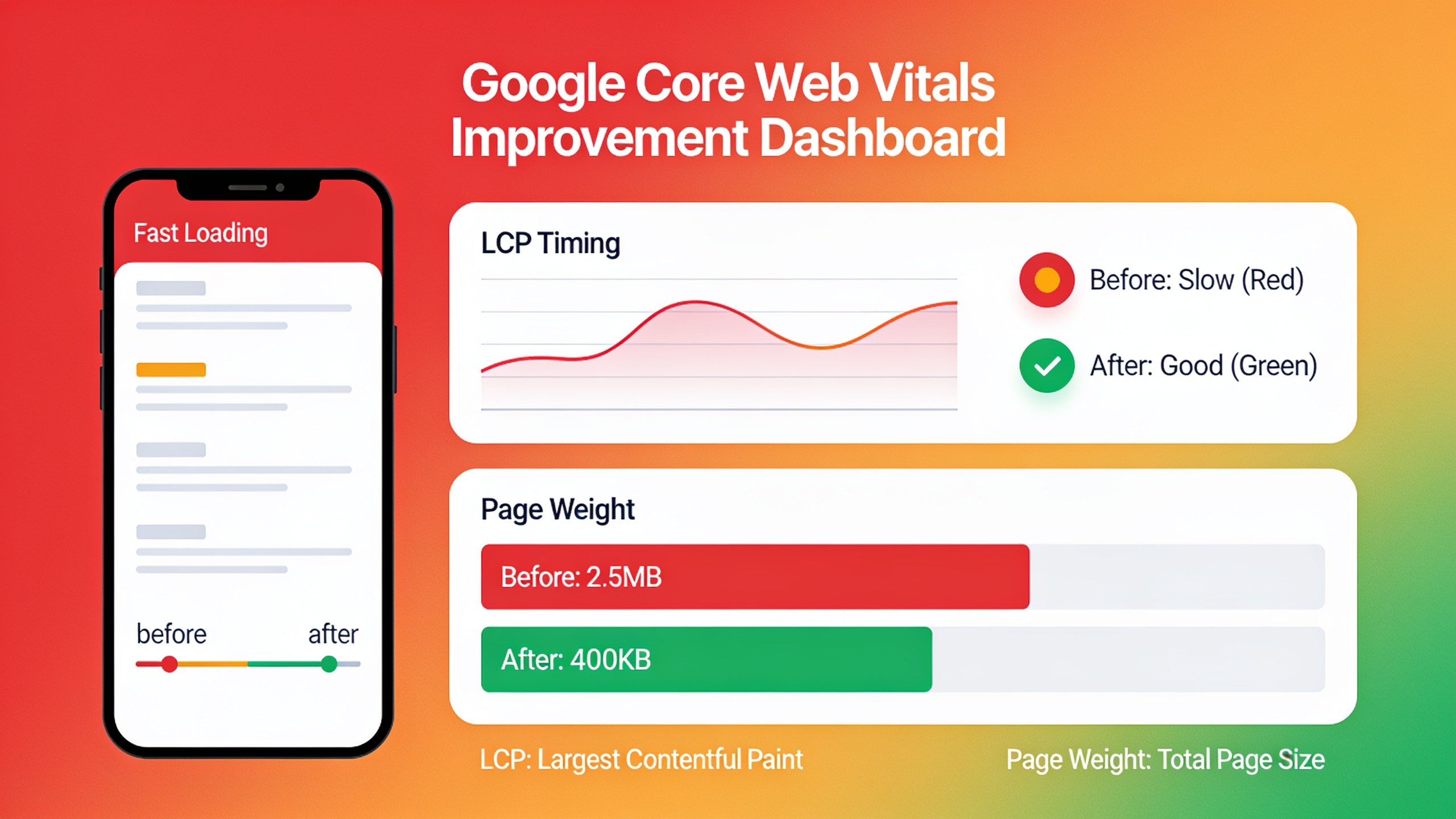 Before and after Core Web Vitals dashboard showing improved LCP timing and reduced page weight after image optimization