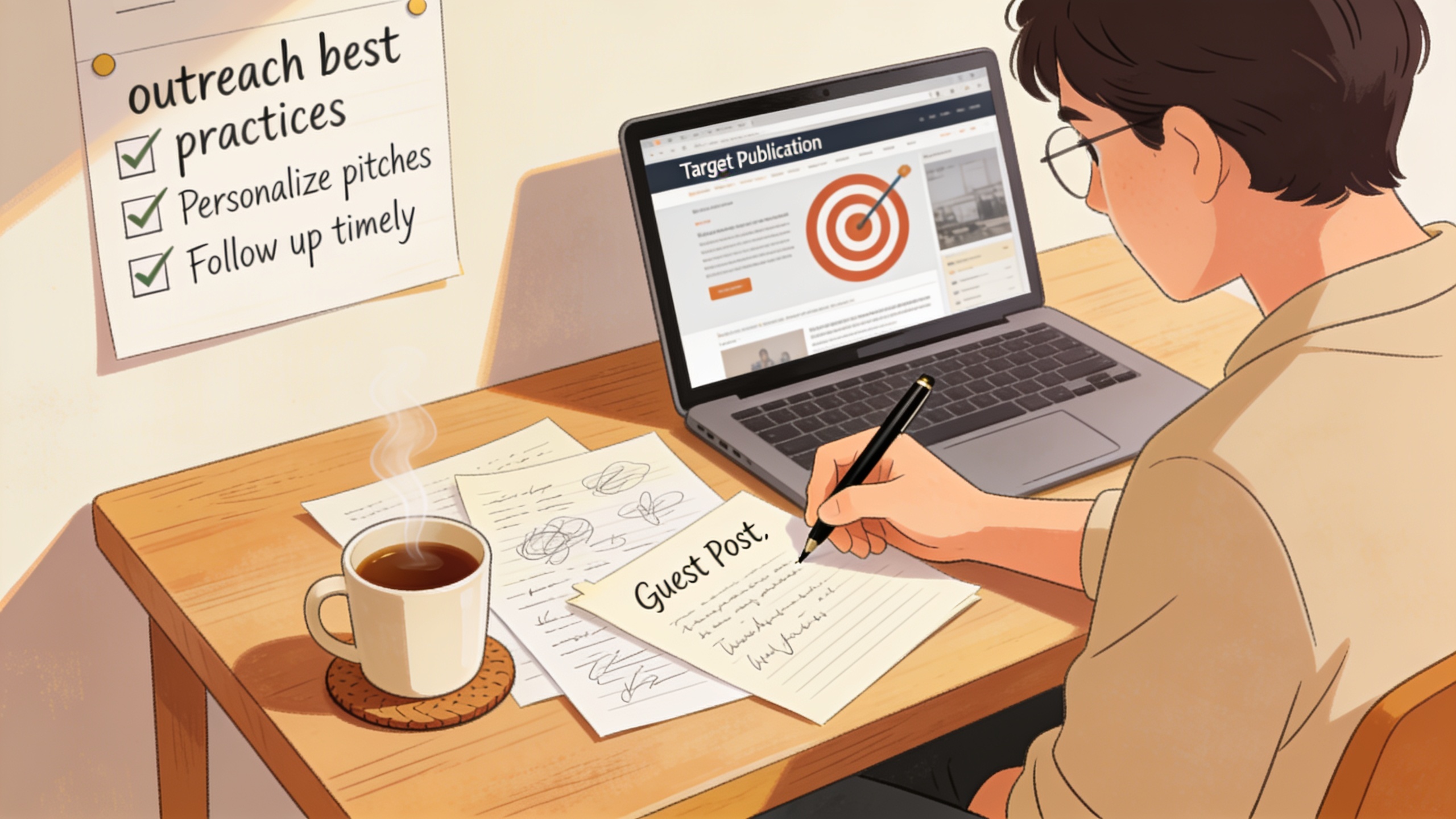 Content creator preparing a targeted guest post pitch with research and publication strategy notes