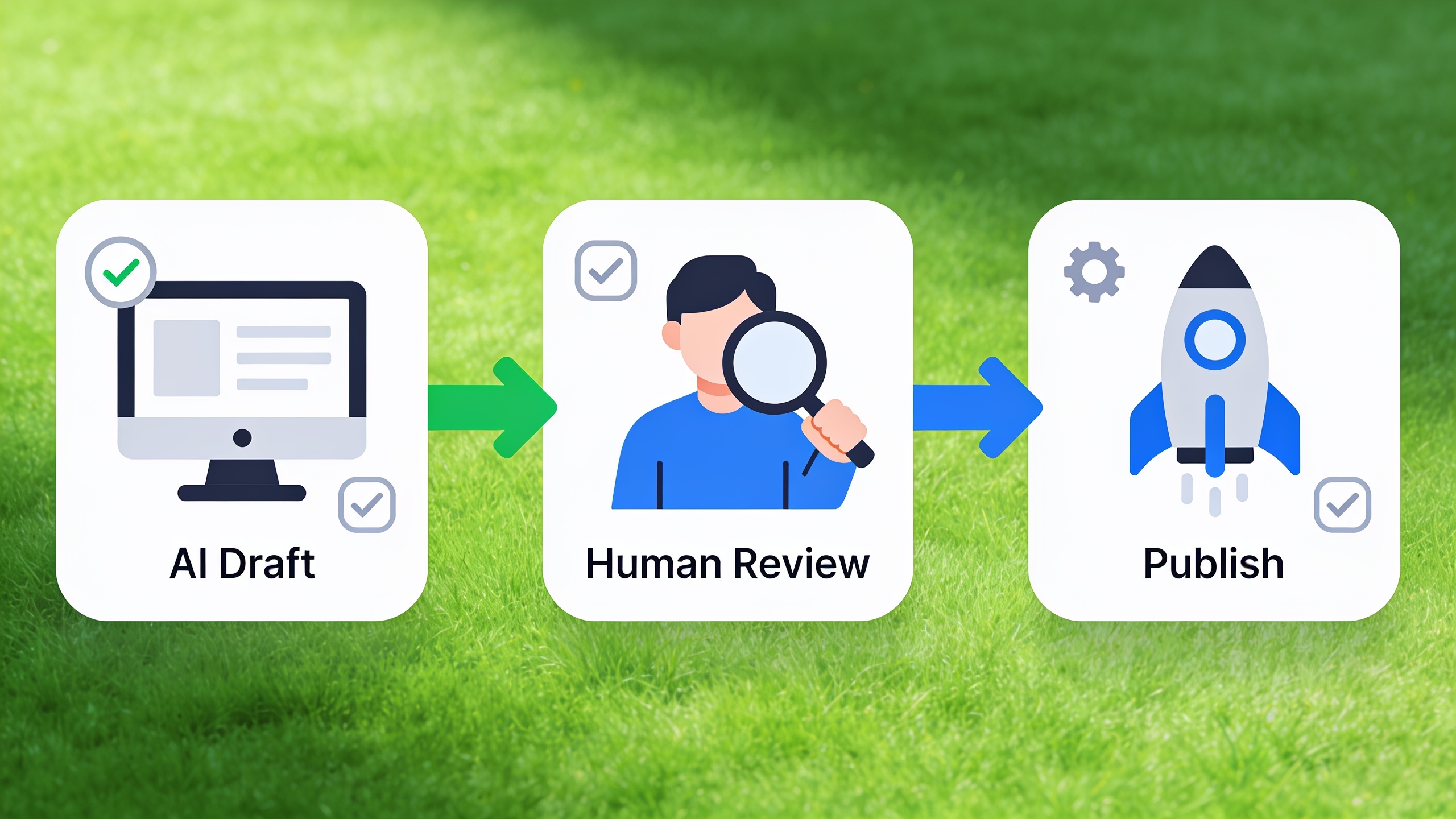 Hybrid content workflow showing AI drafting, human review, and publishing stages