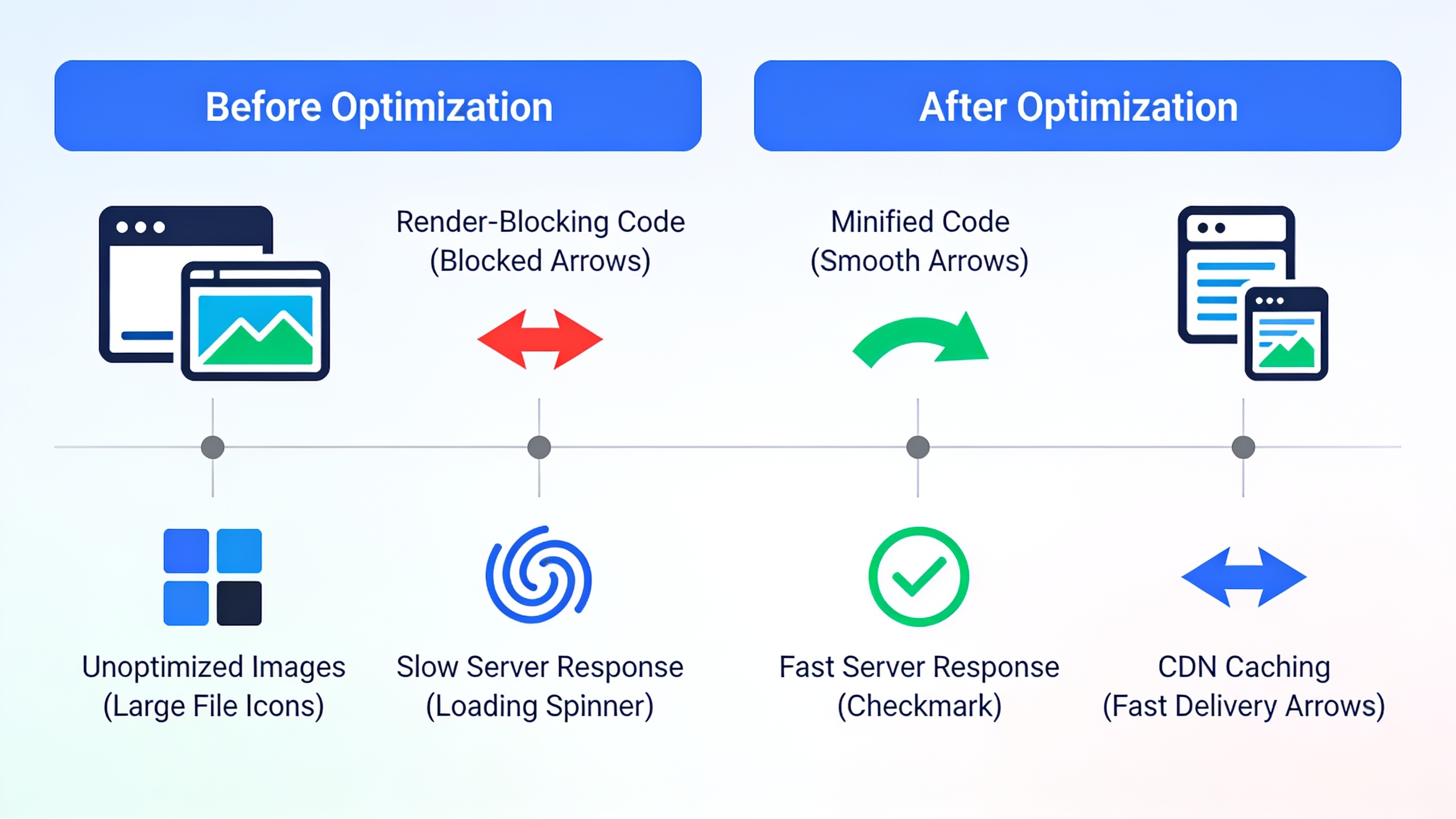 Infographic showing common causes of slow Largest Contentful Paint including unoptimized images, render-blocking code, slow servers, and missing CDN caching