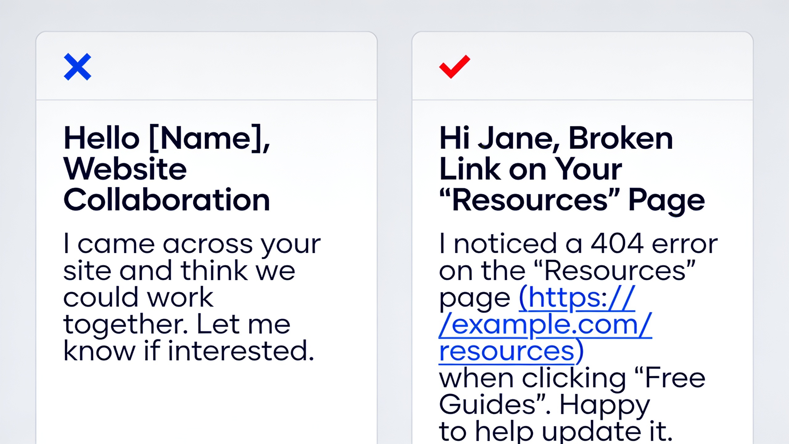 Comparison of ineffective generic outreach email versus effective personalized broken link pitch