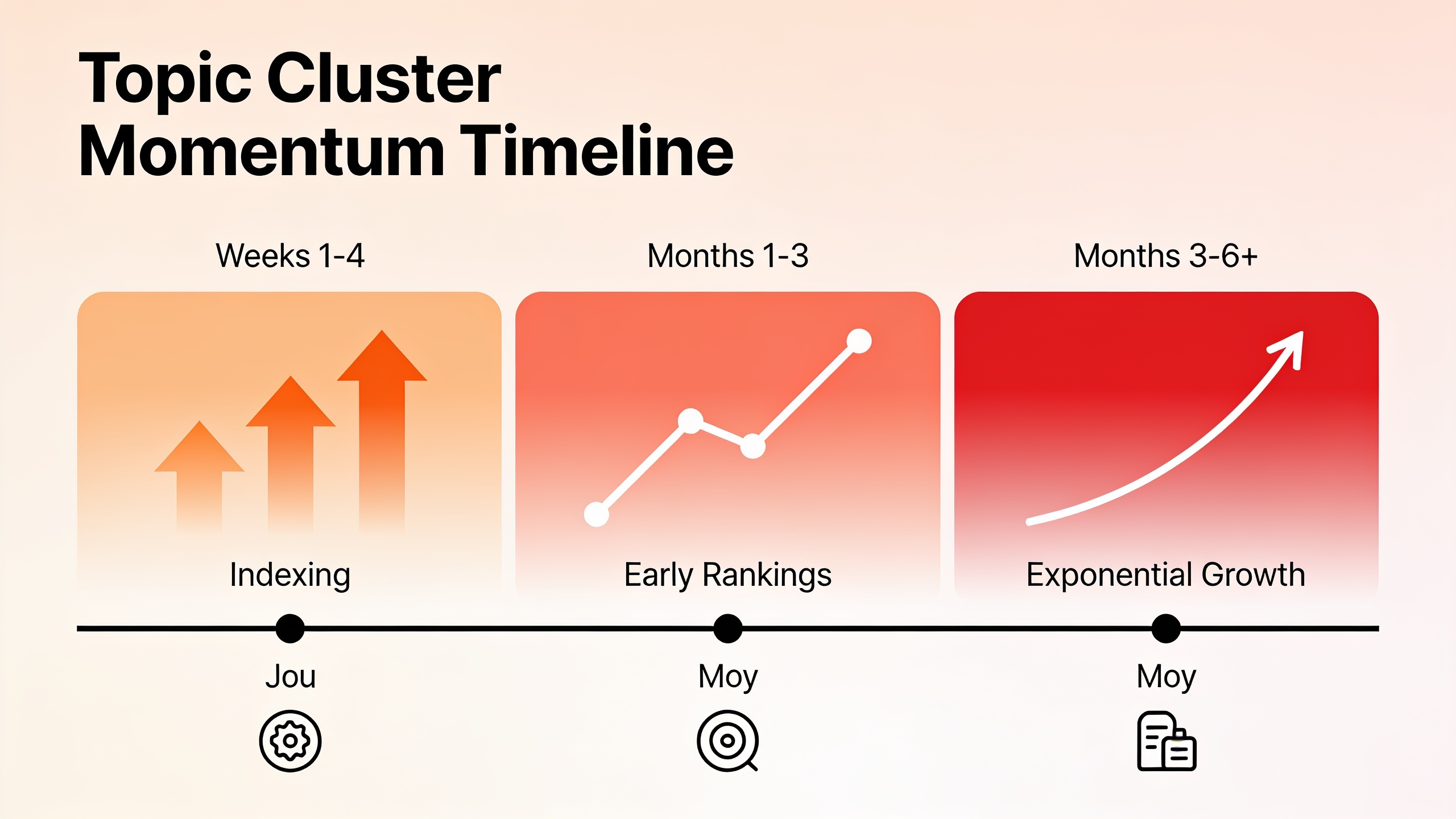 Timeline showing three phases of topic cluster strategy results from indexing through authority compounding over 6+ months