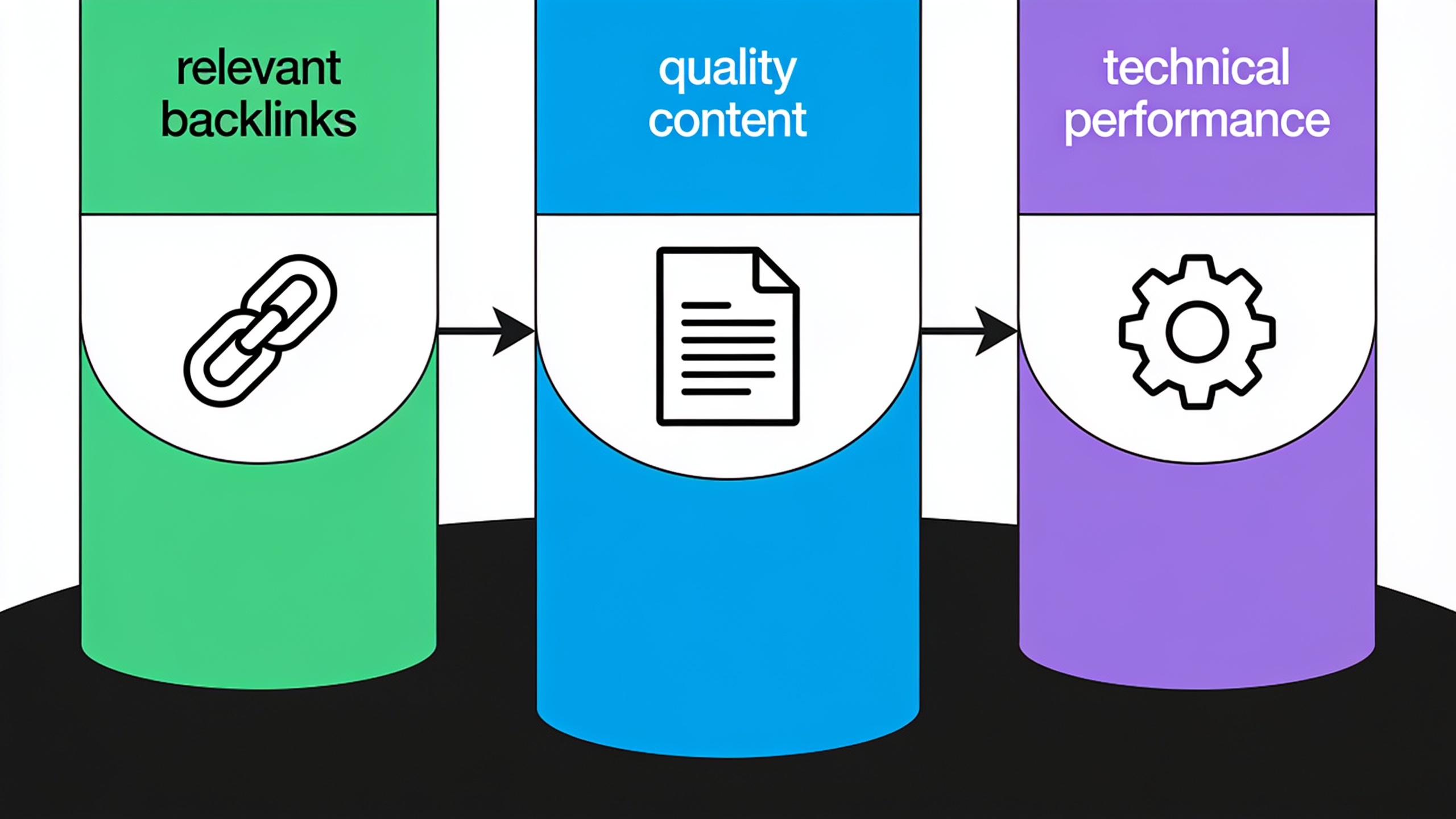 Three pillars of SEO success: relevant backlinks, quality content, and technical performance working together