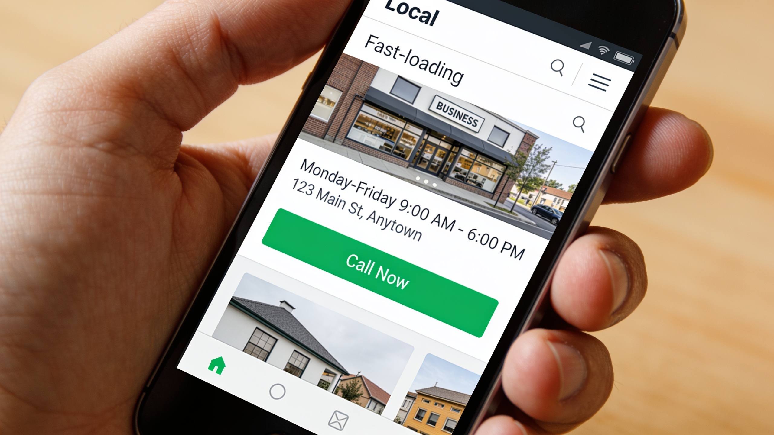 Mobile-optimized business website on smartphone with click-to-call button and business information clearly visible