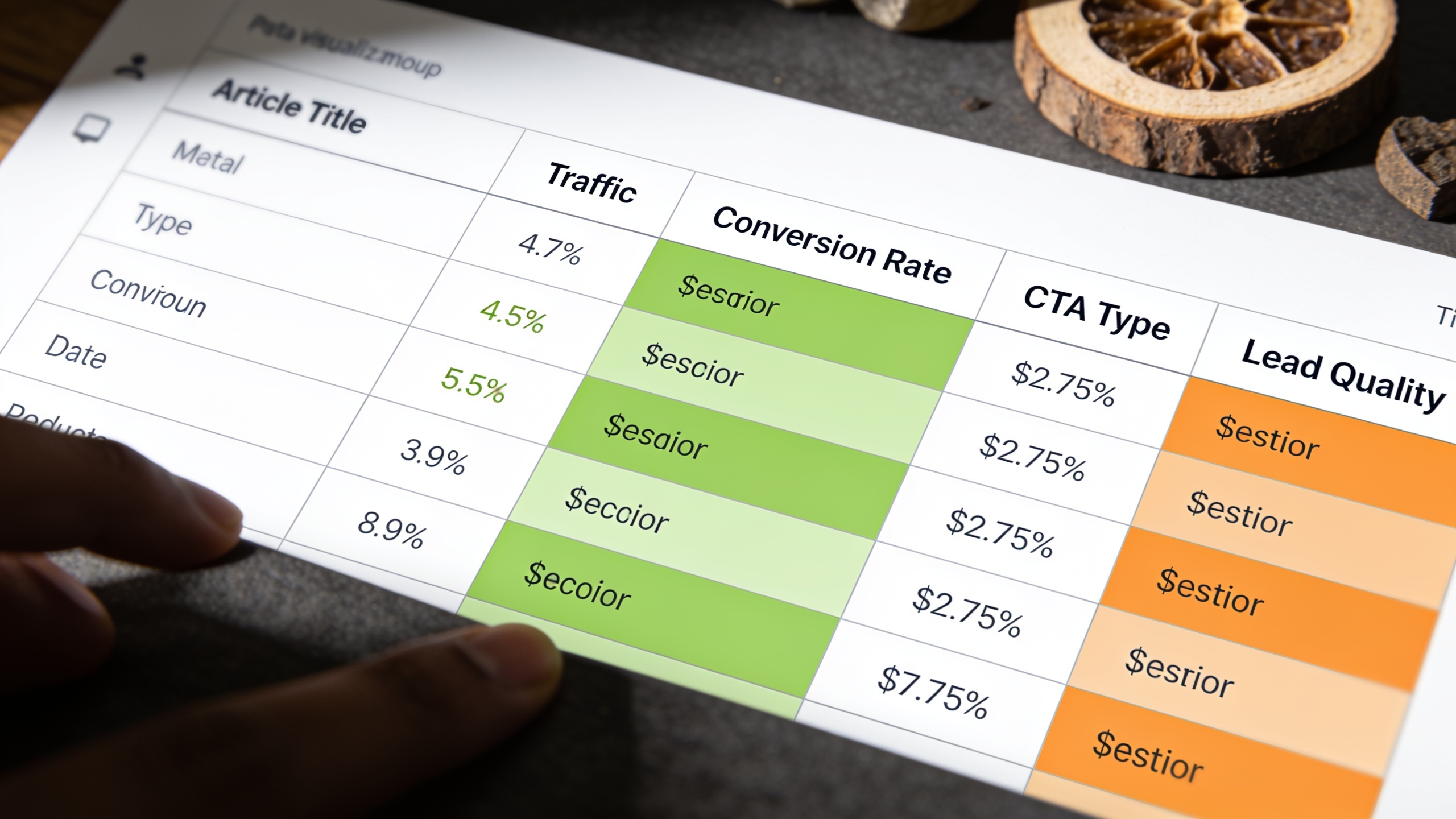 Monthly content lead generation review dashboard tracking conversion metrics per article