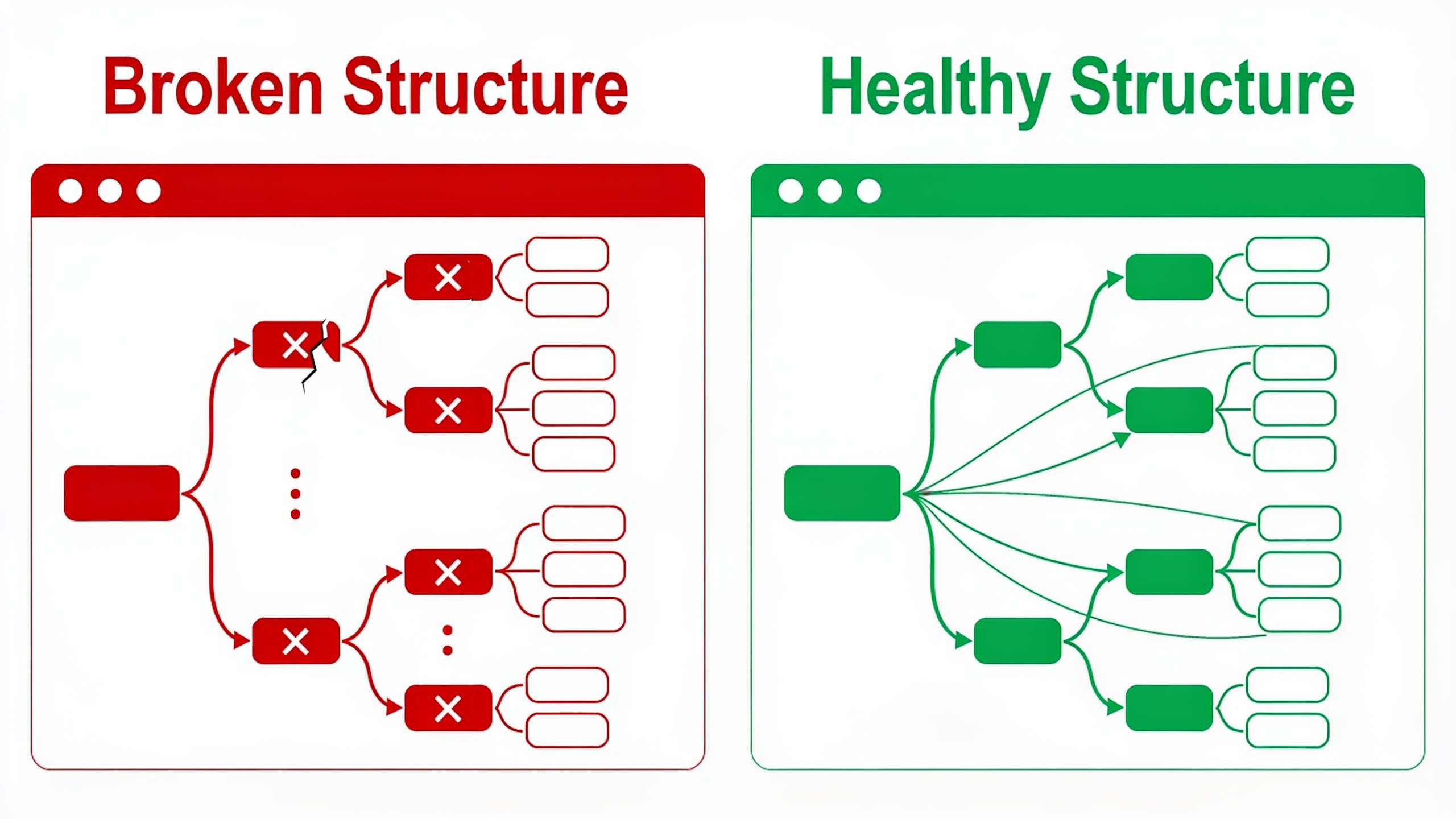 Before and after comparison of website internal linking structure showing broken links versus a clean, optimized linking flow