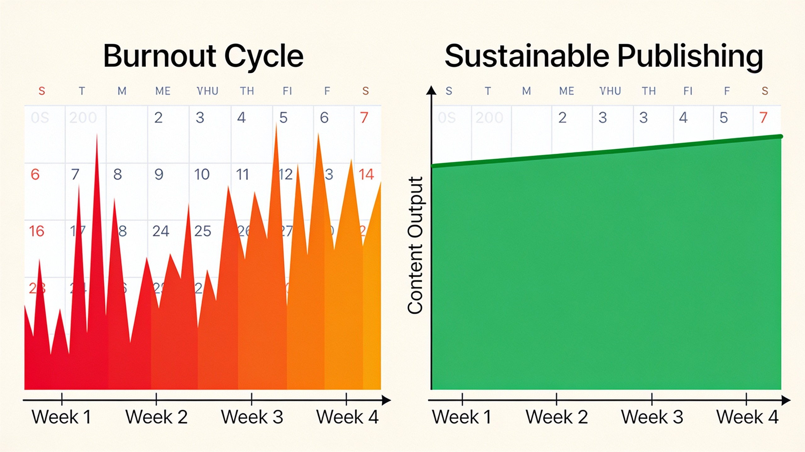 Sustainable vs unsustainable content publishing patterns showing consistent cadence outperforming sprint-and-abandon cycles