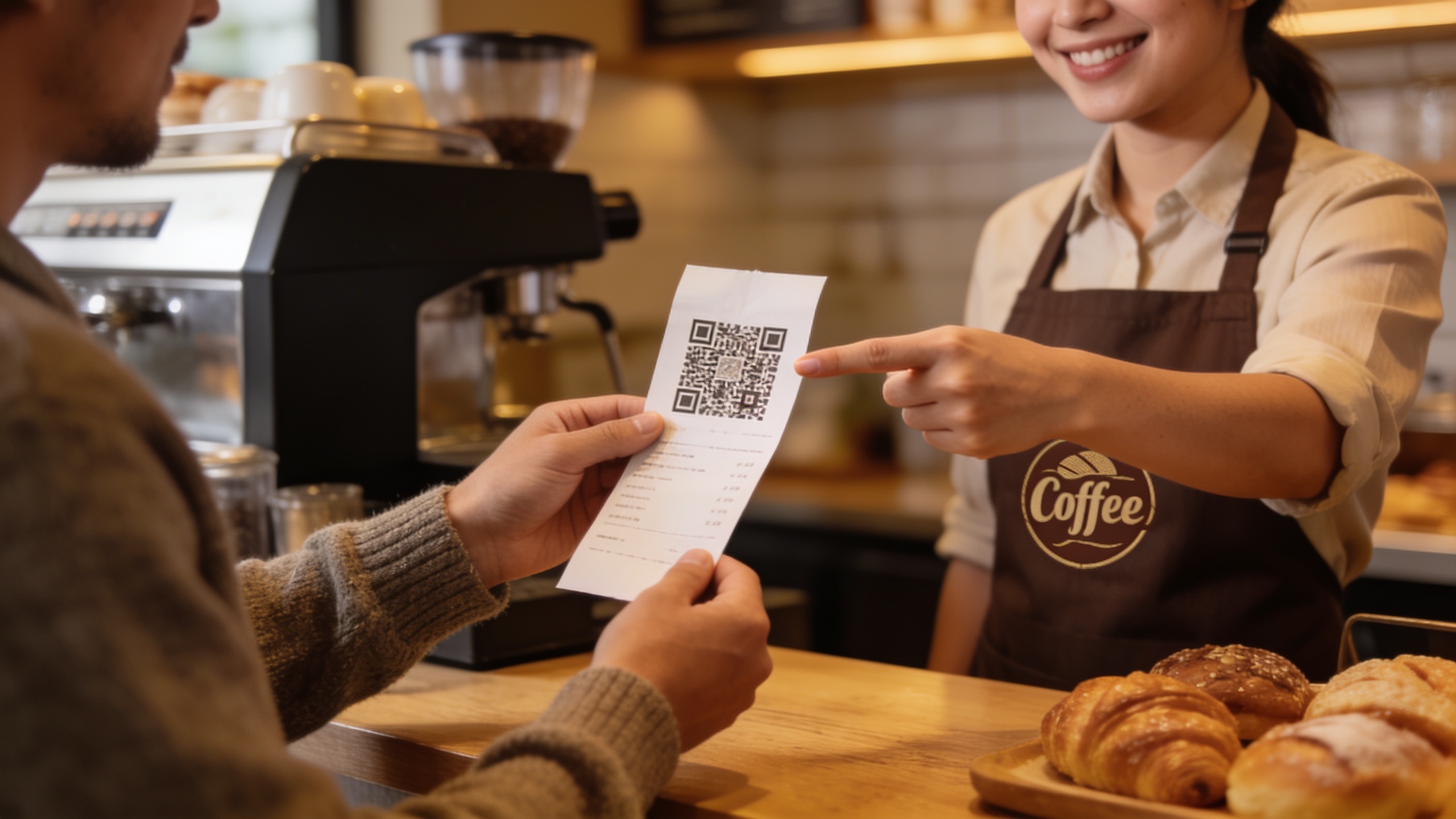 A customer receiving a receipt with a QR code for leaving a review at a local business