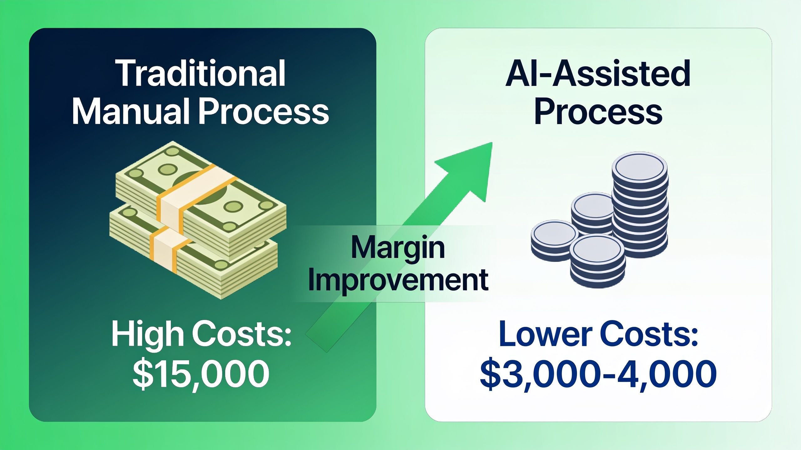 Cost comparison chart showing AI SEO reducing monthly content costs from $15,000 to $3,000-4,000