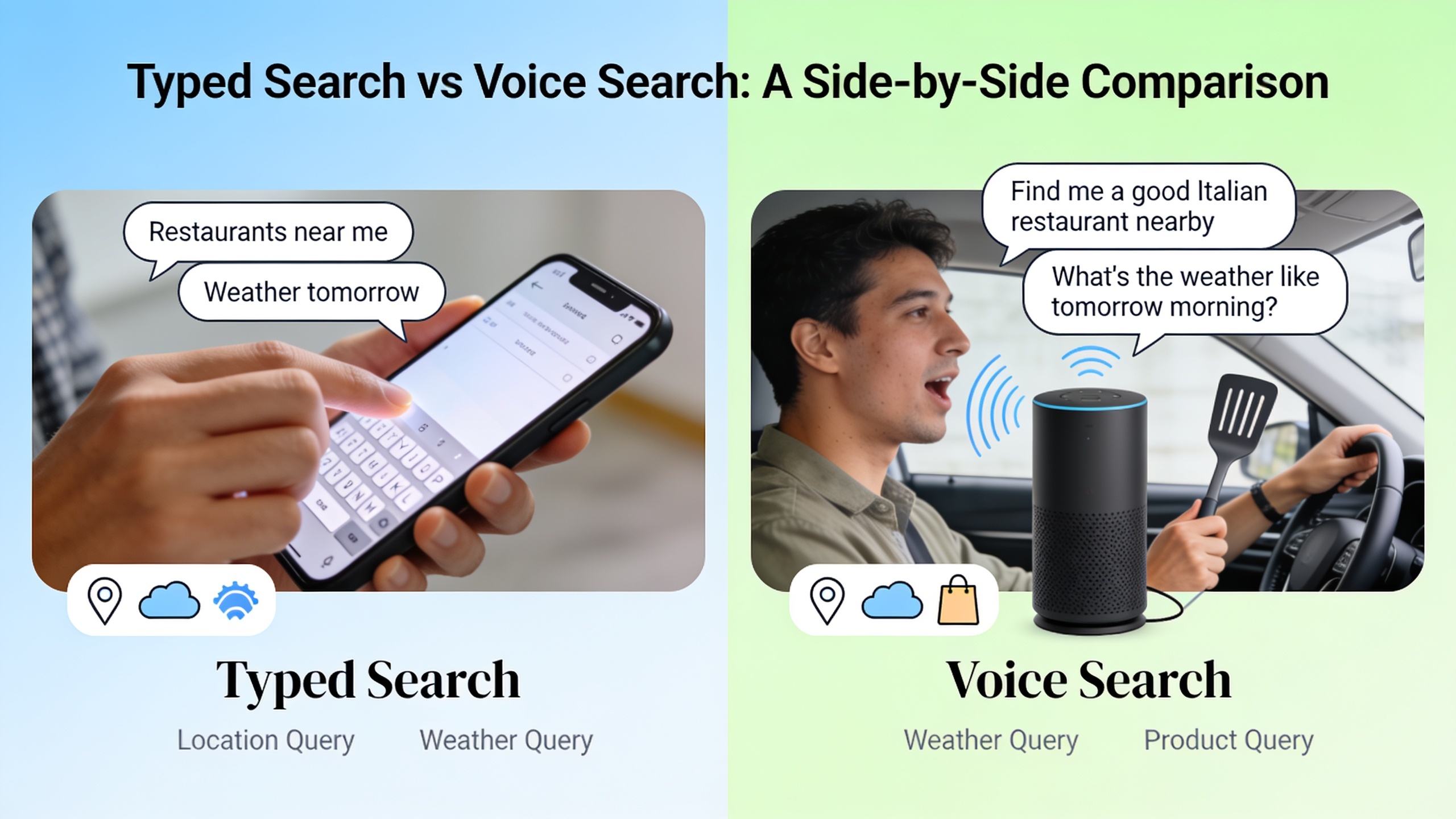 Infographic comparing typed search queries versus voice search queries with visual examples of user behavior