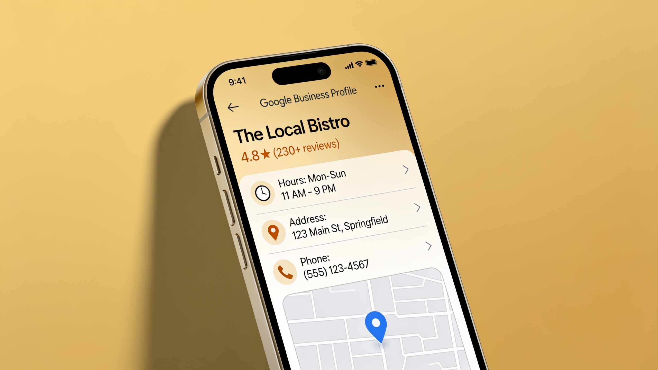 Complete Google Business Profile listing on mobile phone showing business hours, address, phone number, and customer reviews