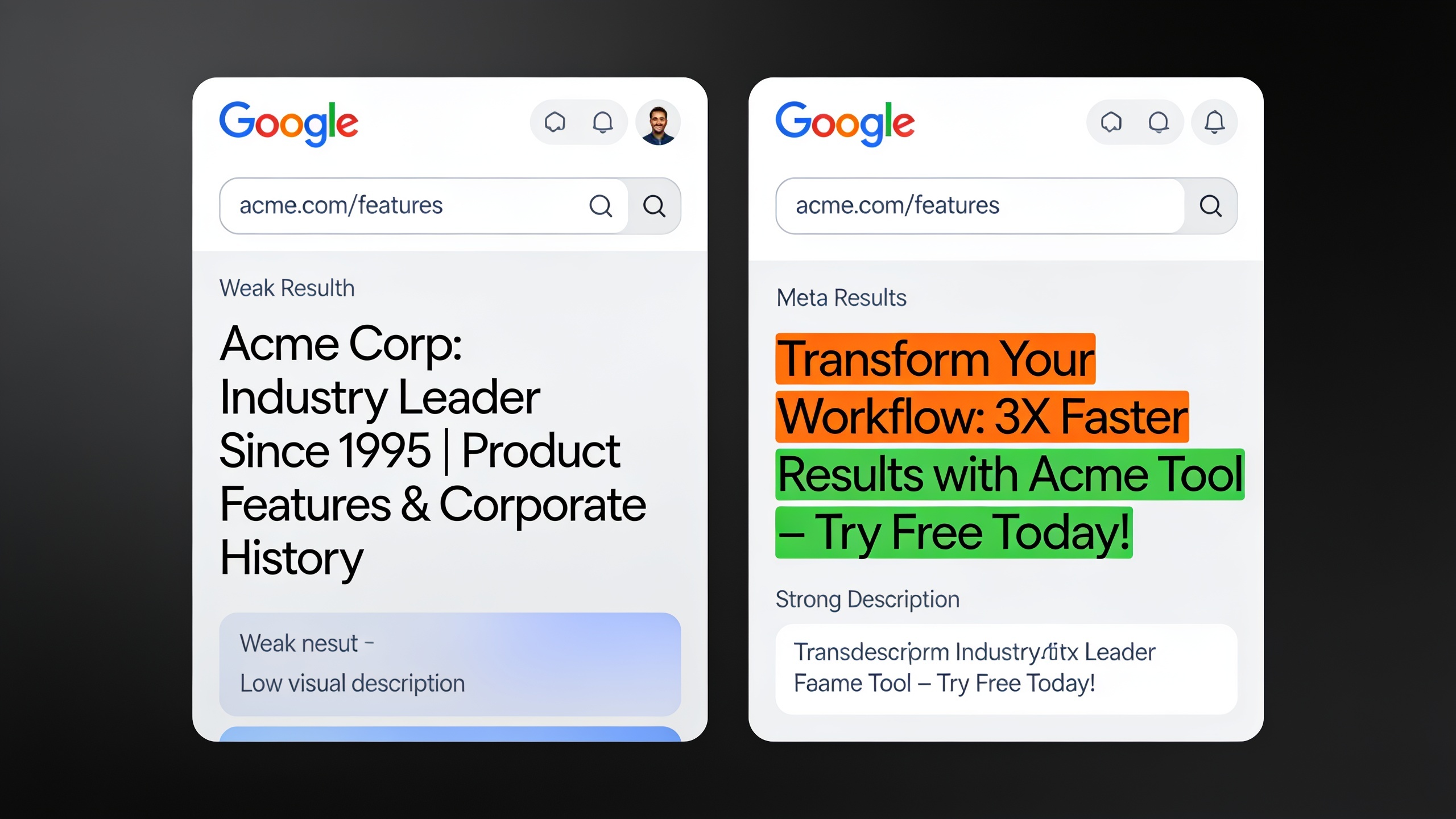 Comparison of weak company-focused meta description versus strong benefit-focused meta description in search results