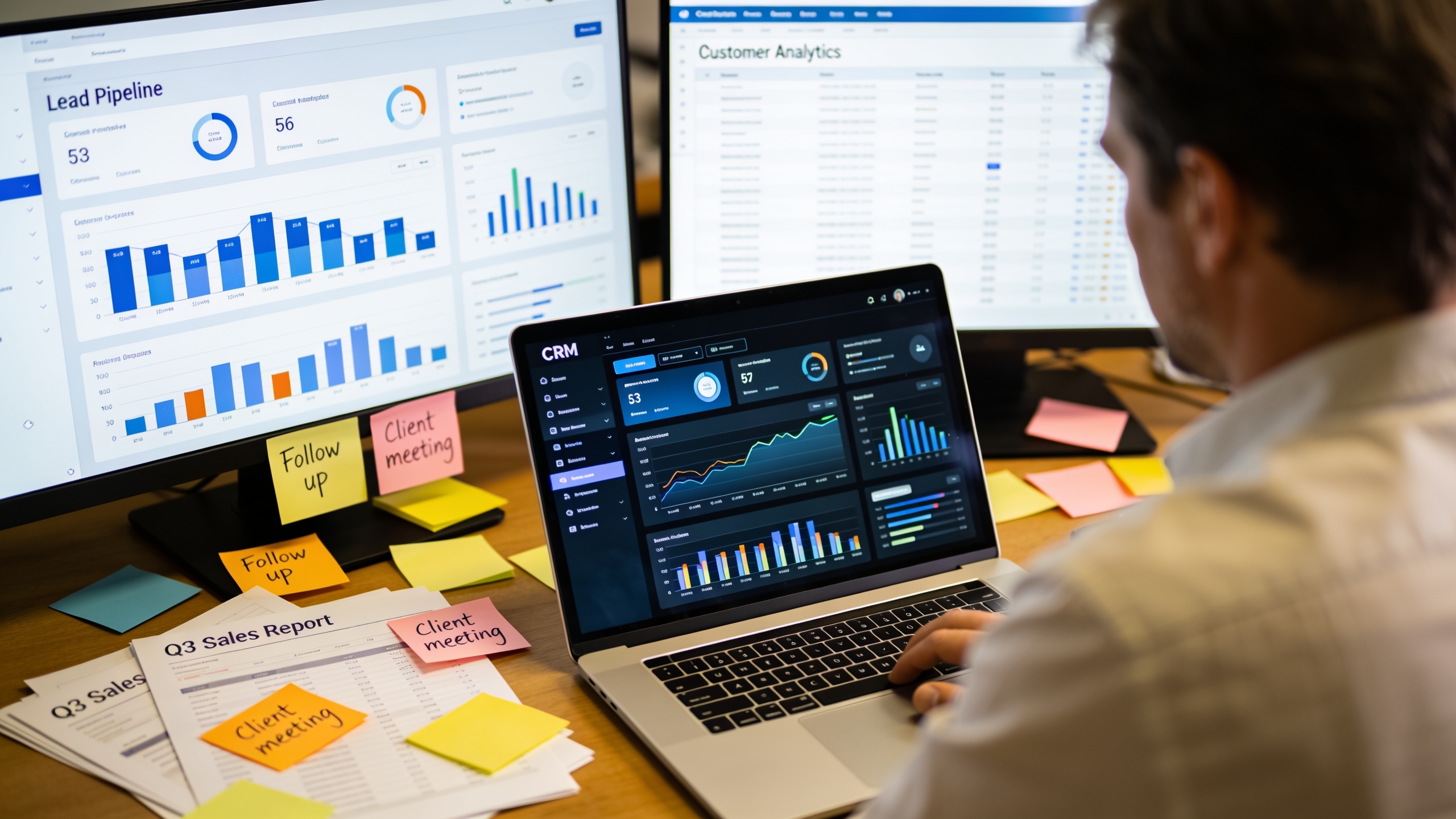 Human reviewer testing and verifying AI-generated content about CRM software with real data and screenshots on their desk
