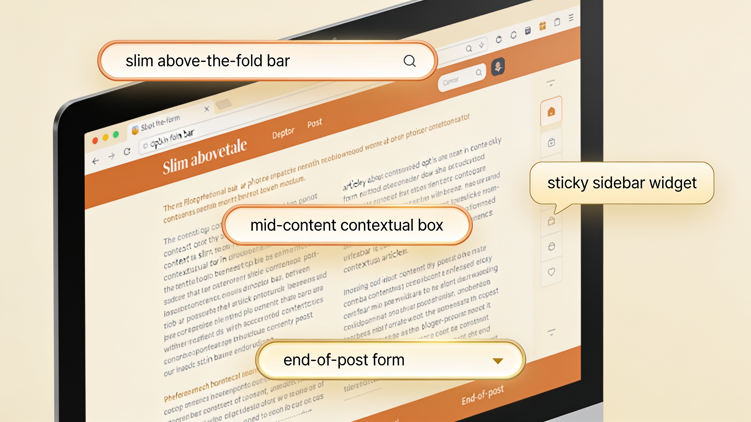 Blog post layout showing optimal placement of multiple opt-in forms: above-the-fold bar, mid-content box, sticky sidebar, and end-of-post form
