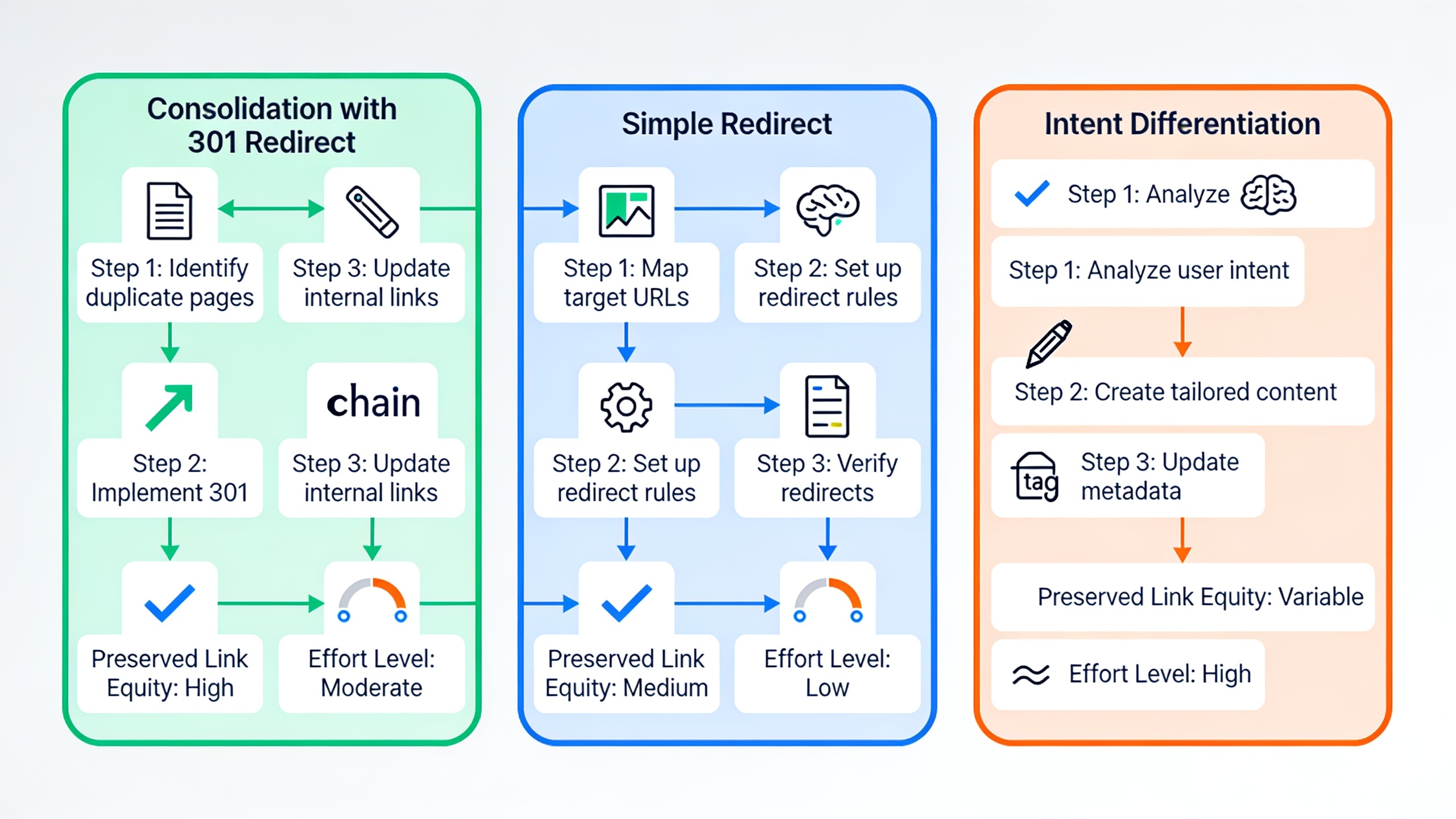 Flowchart comparing three keyword cannibalization fix strategies with effort levels and outcomes