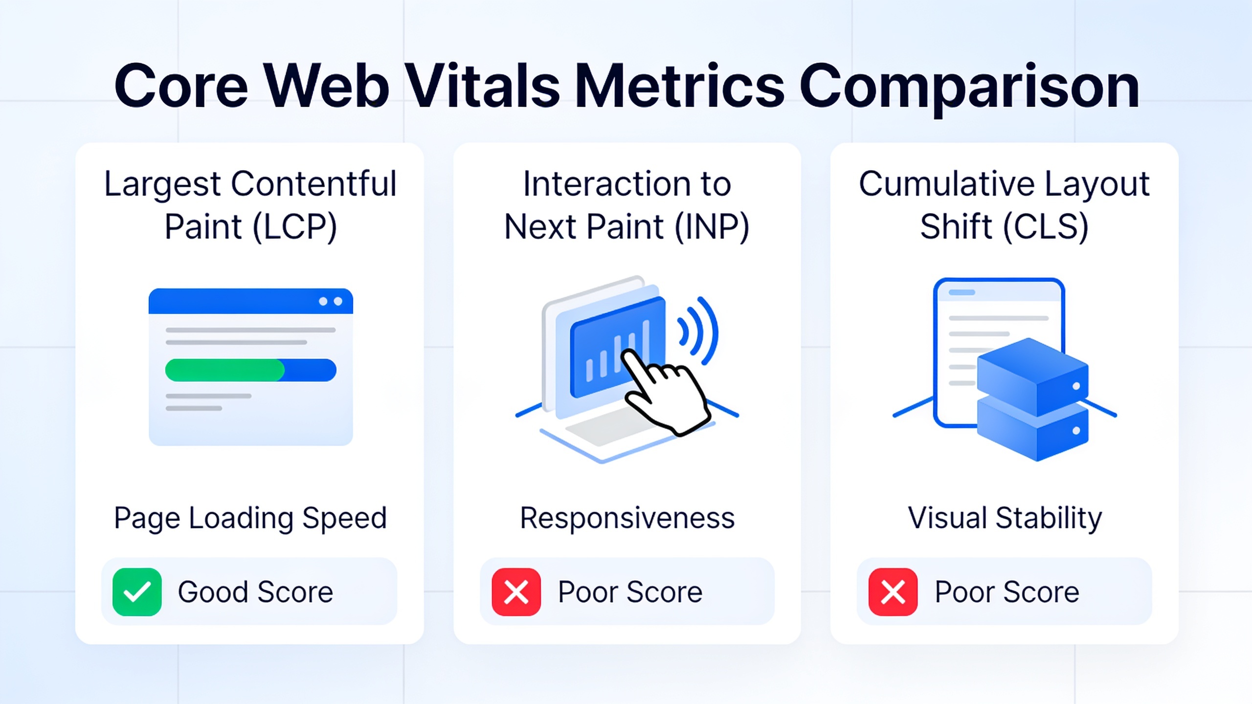 Core Web Vitals metrics infographic showing LCP, INP, and CLS measurements for page performance