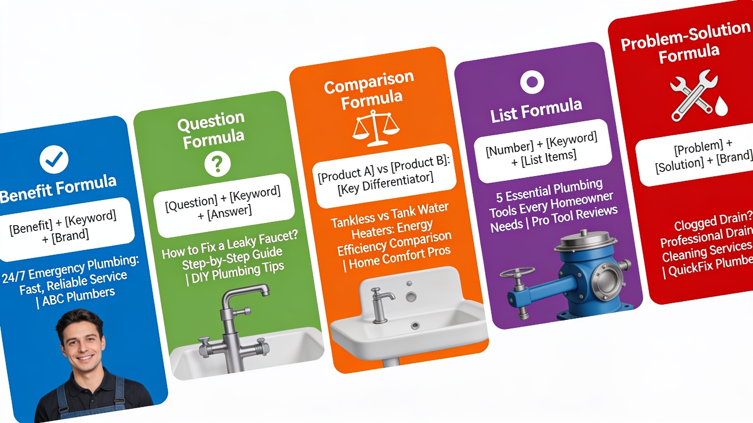 Visual guide showing five reusable title tag optimization formulas with examples and color-coded categories