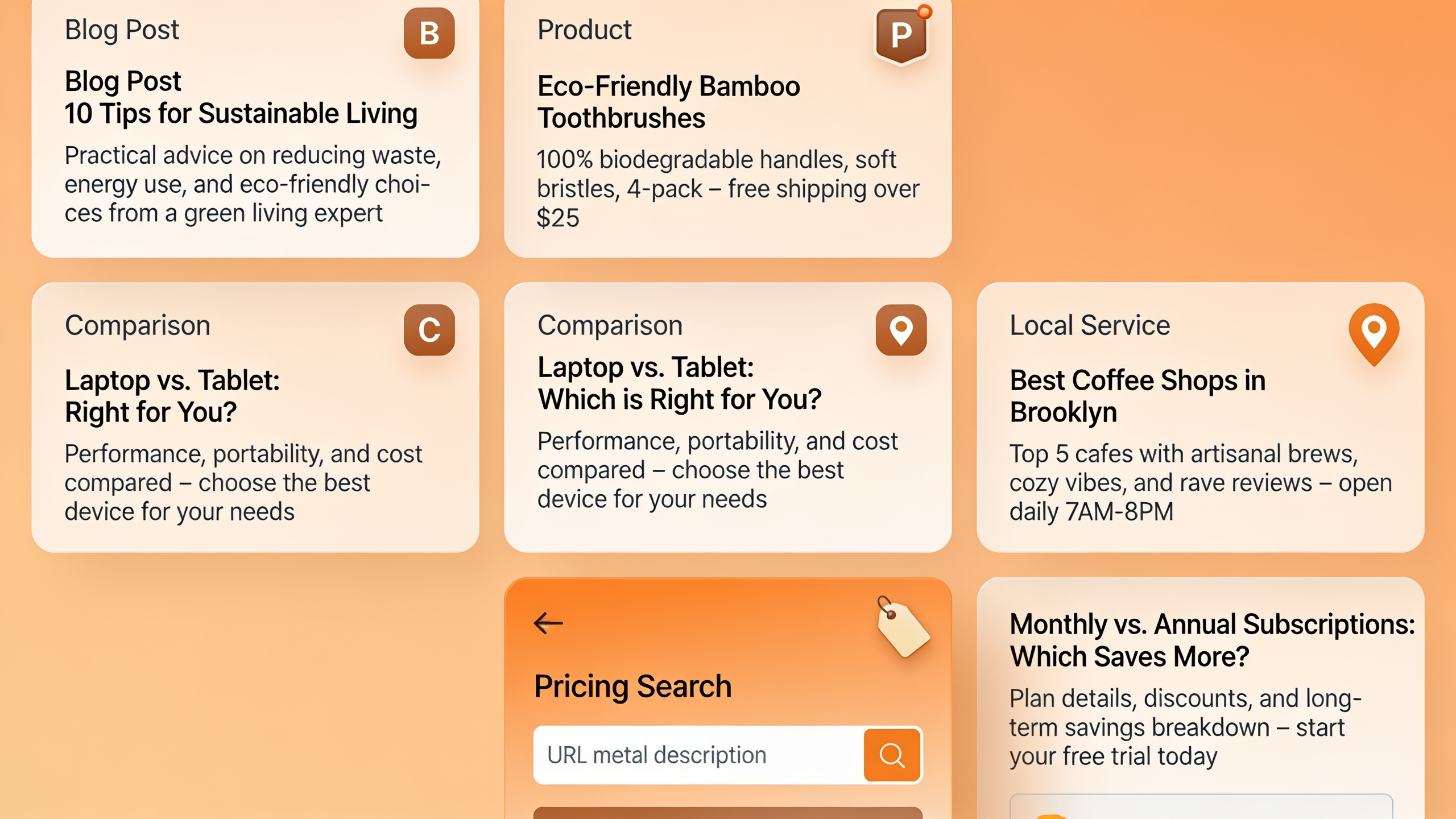 Five Google search result examples showing optimized meta descriptions tailored for different page types and searcher intents