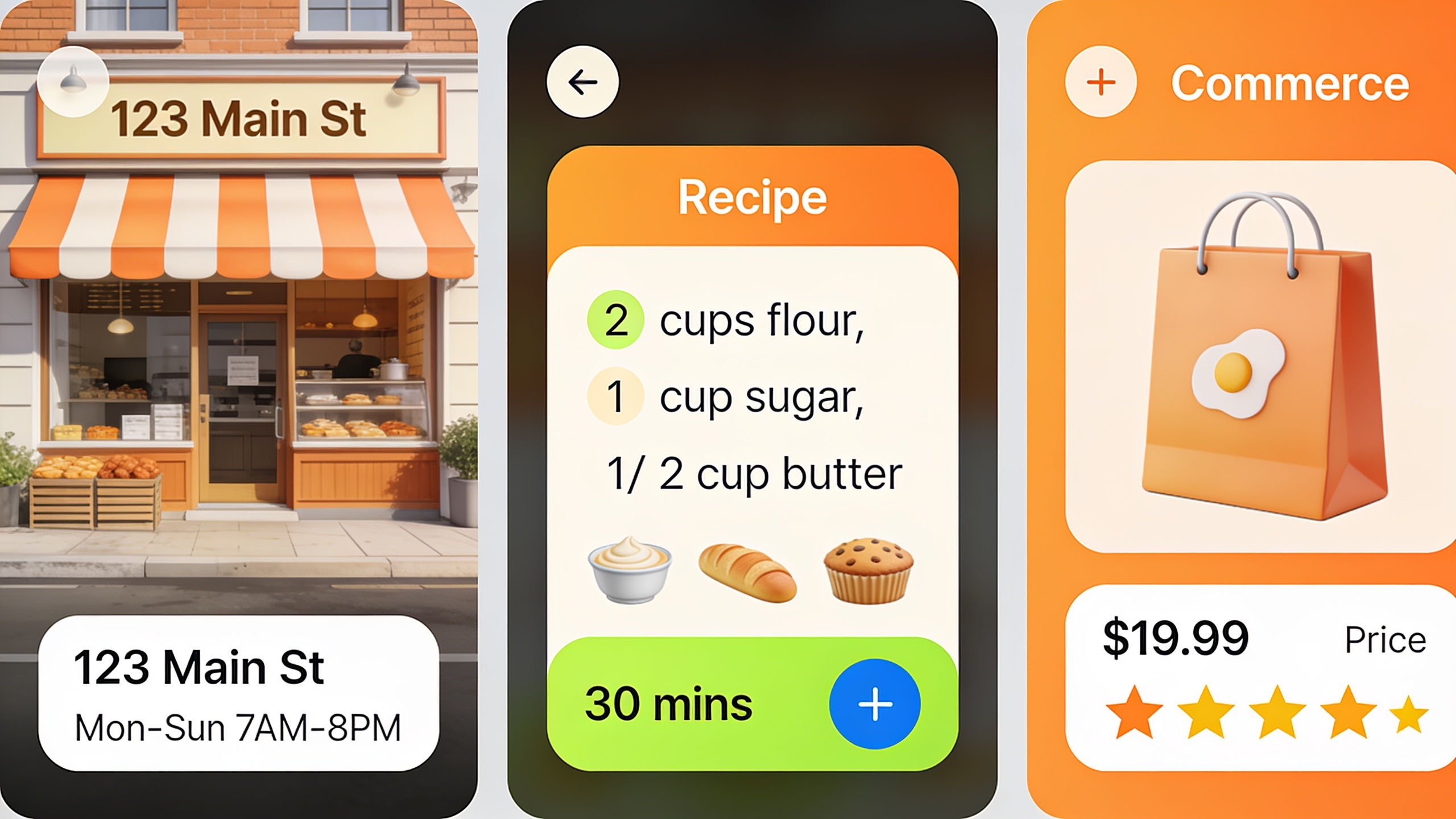 Three examples of schema markup types: LocalBusiness for bakery, Recipe schema for cooking, and Product schema for ecommerce