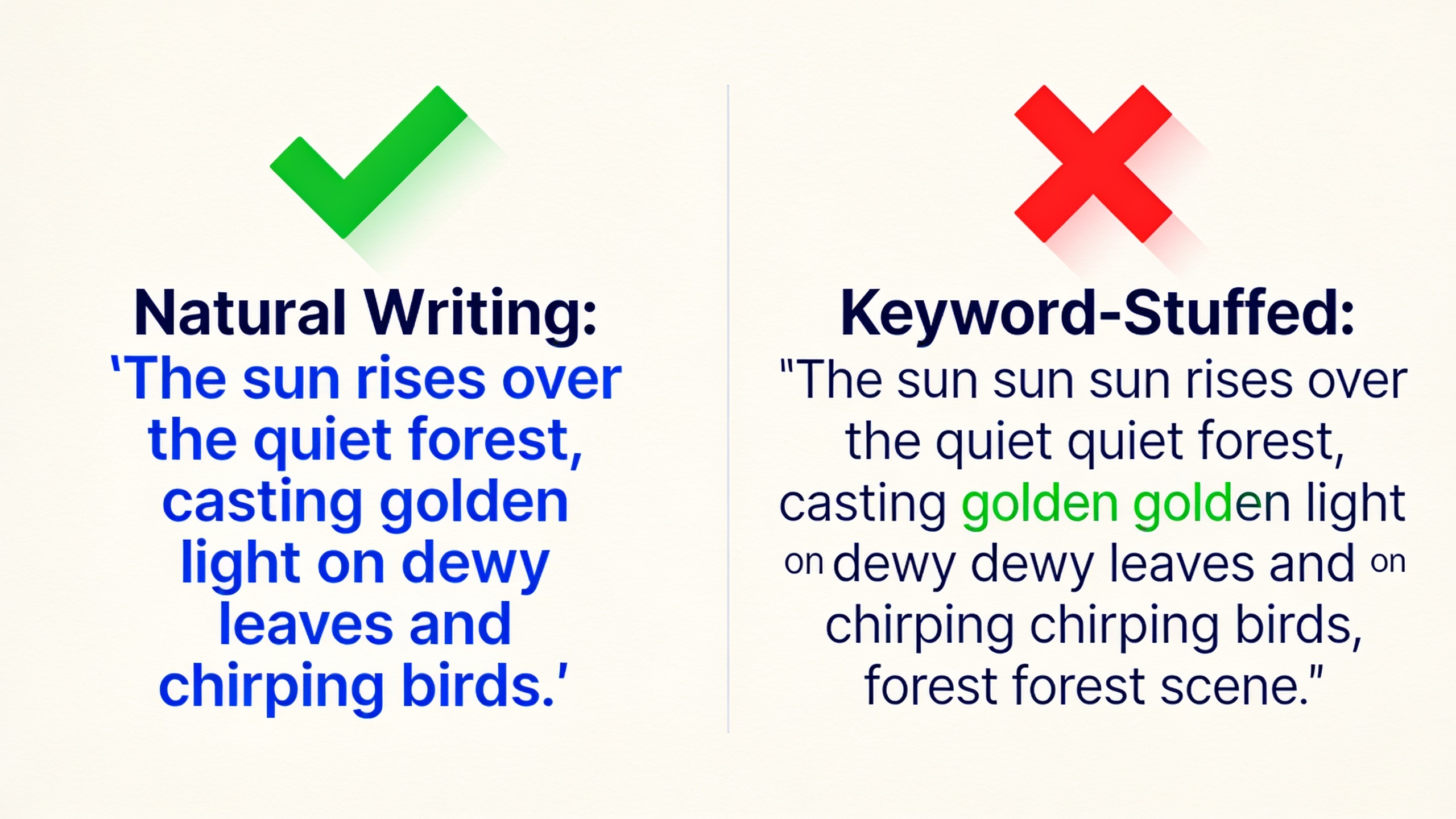 Comparison infographic showing natural keyword usage versus keyword stuffing examples
