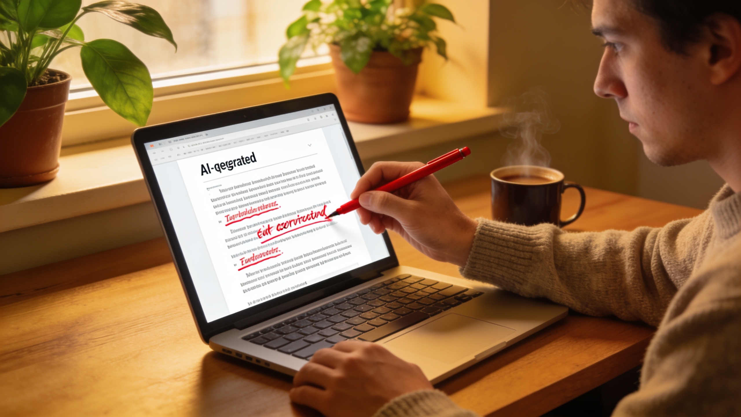 Human editor reviewing and fact-checking AI-generated content before publication