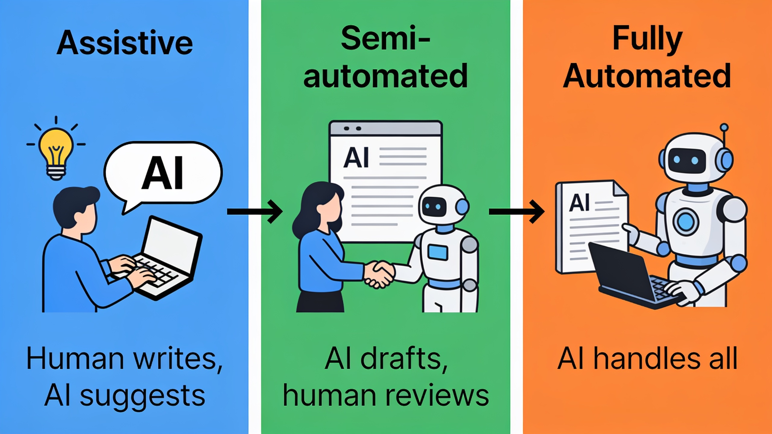 Three levels of AI SEO automation compared: assistive, semi-automated, and fully automated workflows