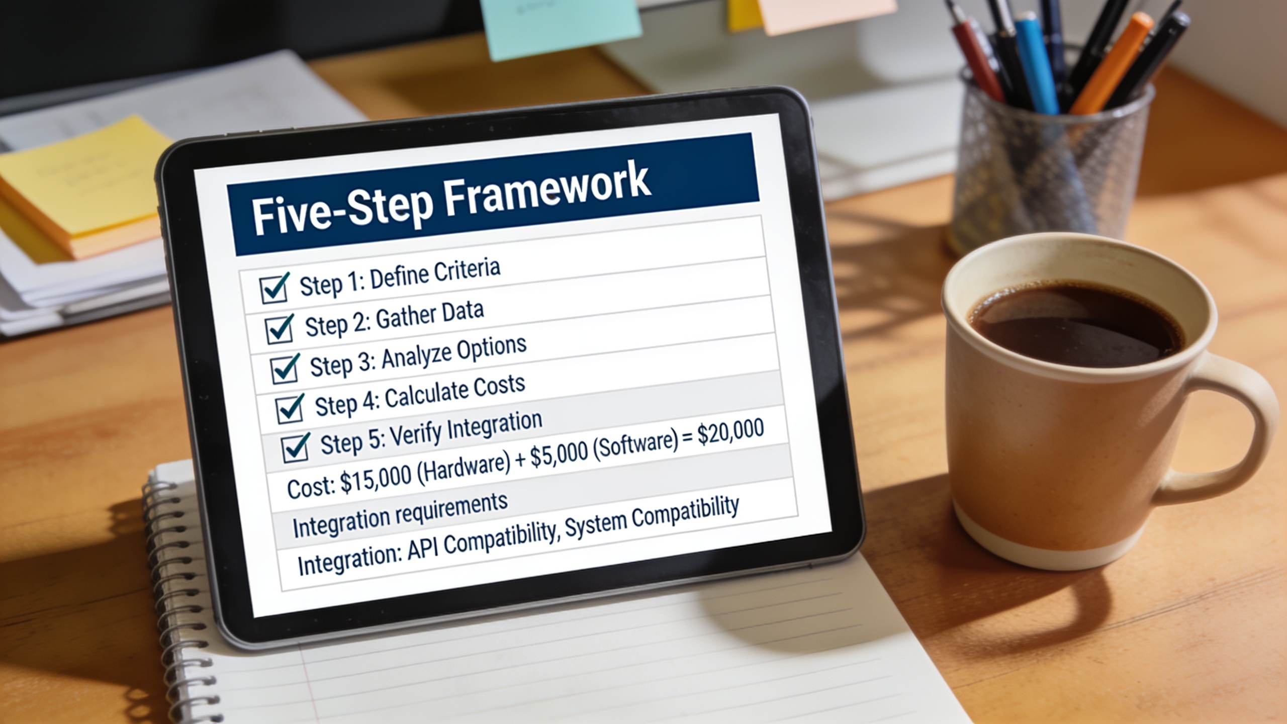 AI SEO tool evaluation framework showing five-step selection process with cost analysis and integration requirements