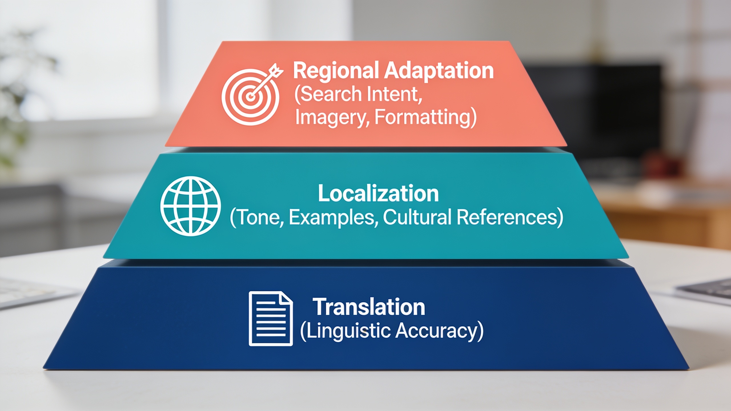 Layered diagram showing the hierarchy of translation and localization components from linguistic accuracy to regional cultural adaptation