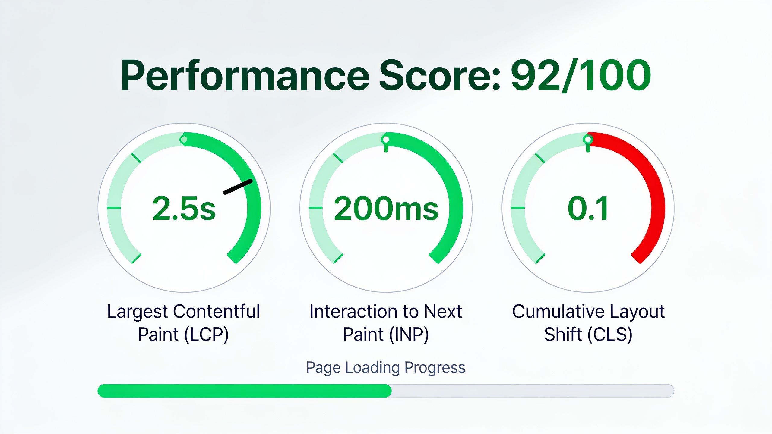 Core Web Vitals performance metrics dashboard showing LCP, INP, and CLS measurements
