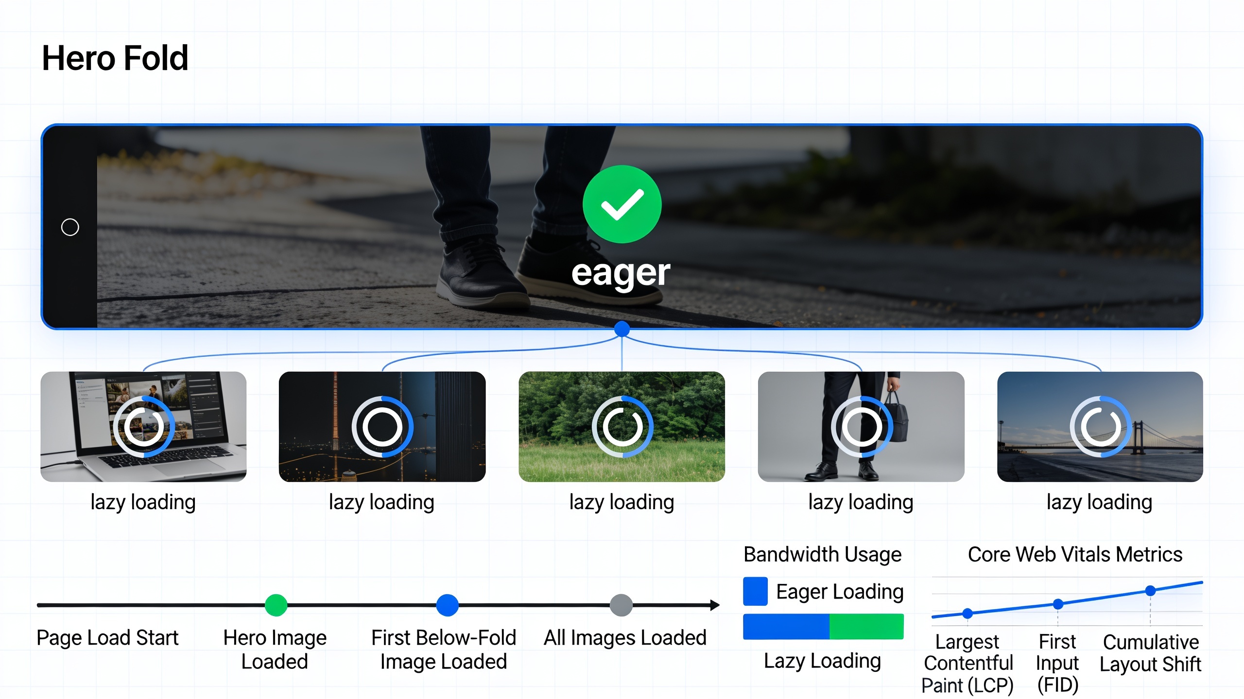 Diagram explaining lazy loading implementation with above-the-fold eager loading and below-the-fold lazy loading for improved page performance