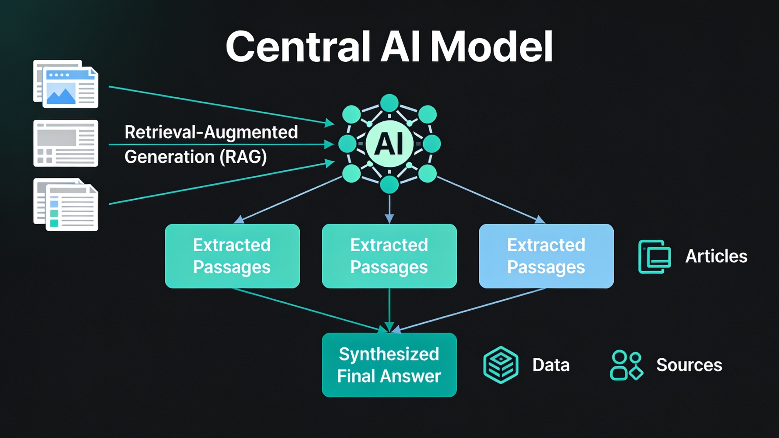 Infographic explaining how AI search engines use retrieval-augmented generation to pull and synthesize content from multiple sources