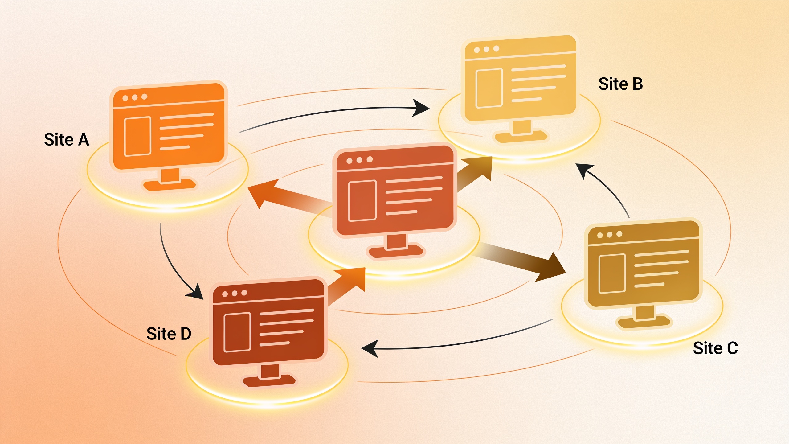Backlink exchange network visualization showing how AI SEO platforms facilitate natural link building between participating sites