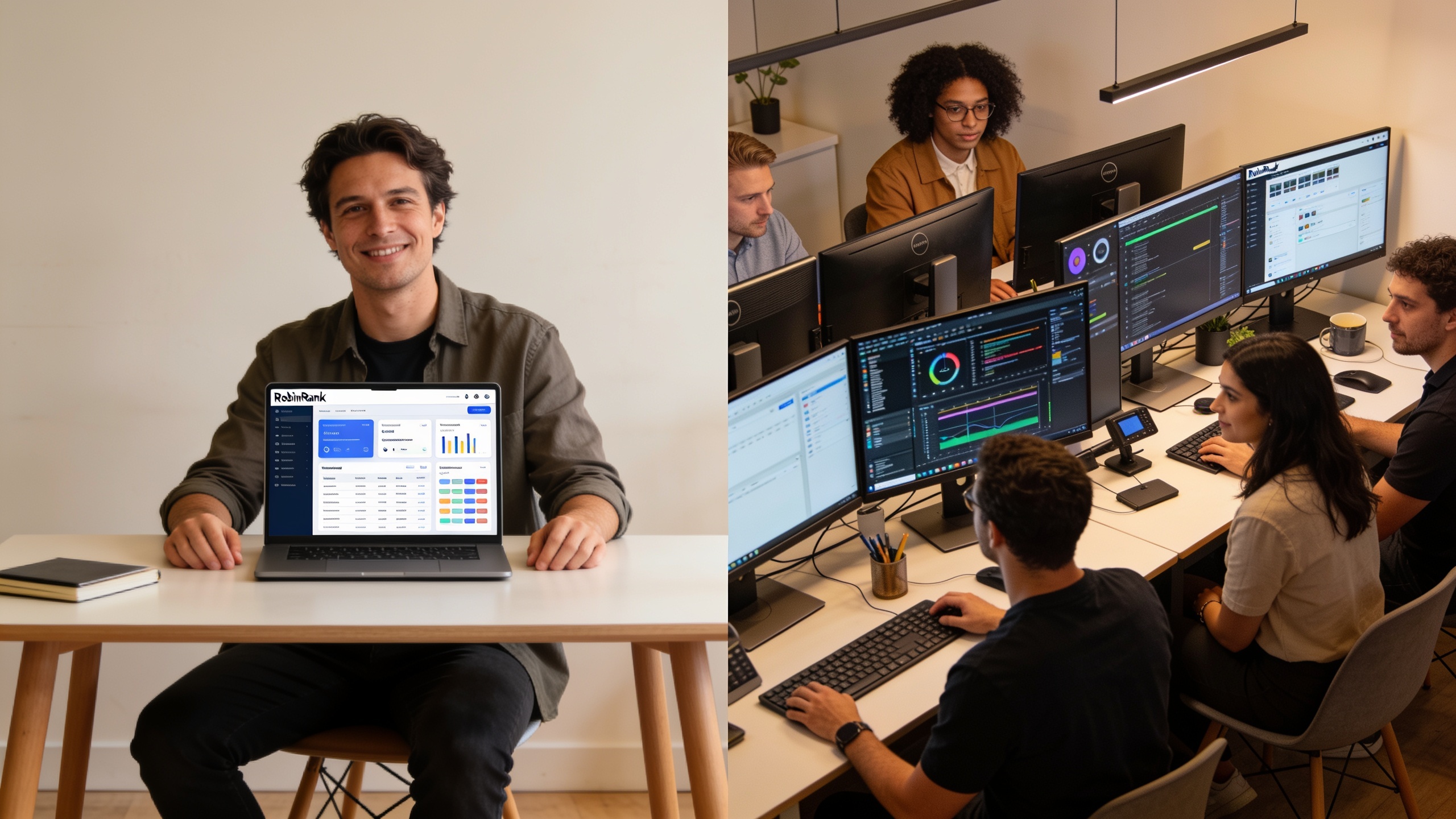 Comparison of solo founder using RobinRank's all-in-one platform versus agency team managing multiple specialized tools
