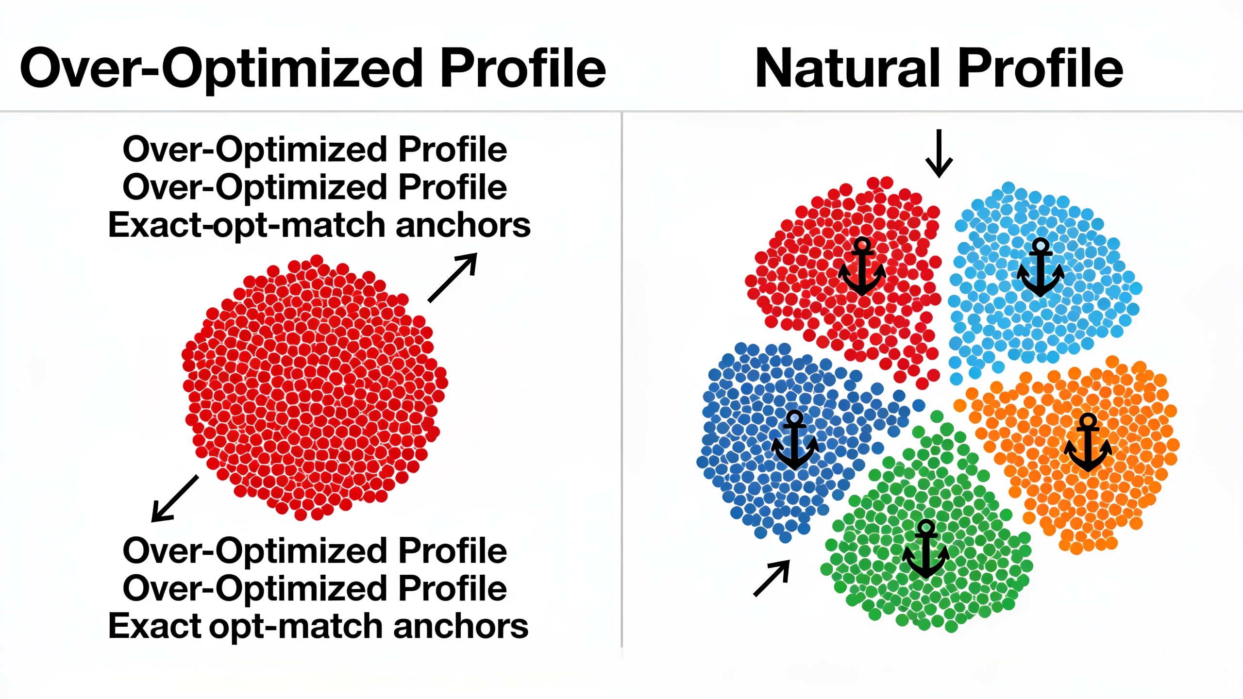 Comparison chart showing the difference between an over-optimized anchor text profile with concentrated exact-match keywords versus a natural profile with balanced anchor type distribution
