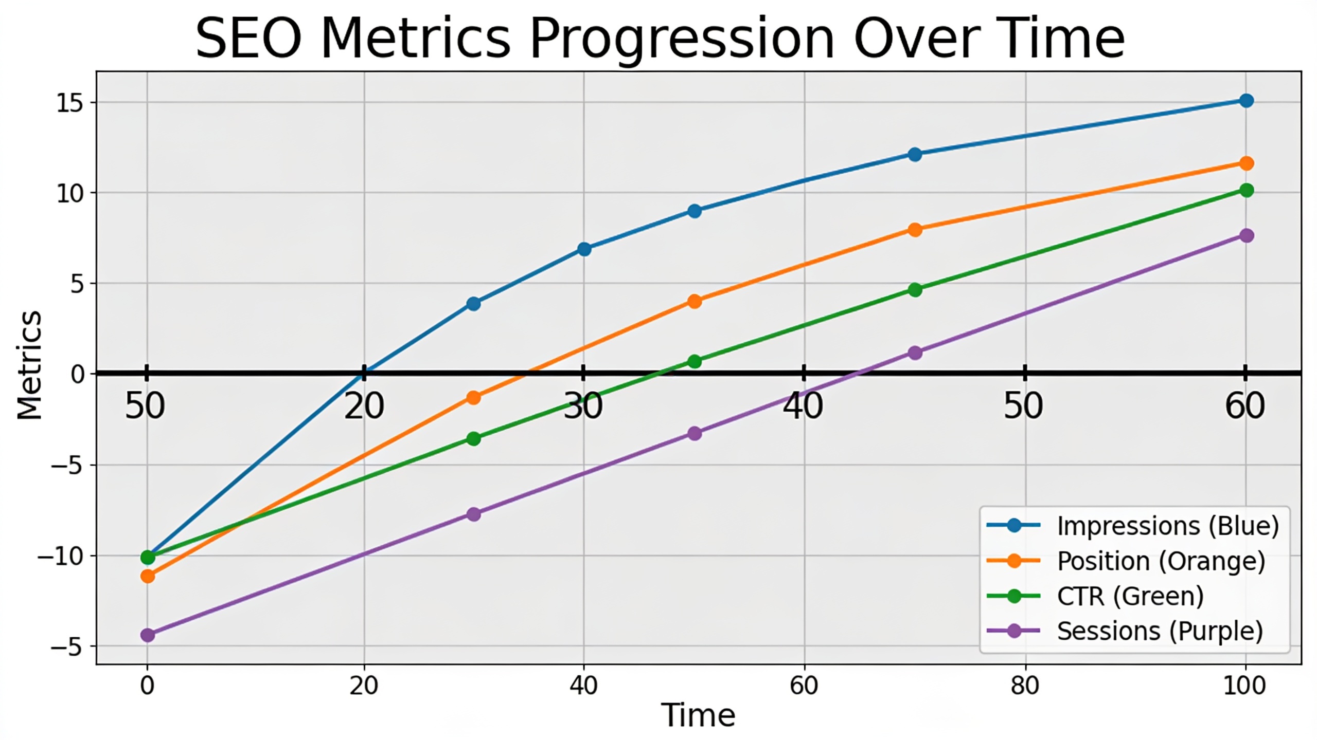 Timeline visualization of SEO metrics progression showing impressions, average position, click-through rate, and organic sessions improving over 16 weeks