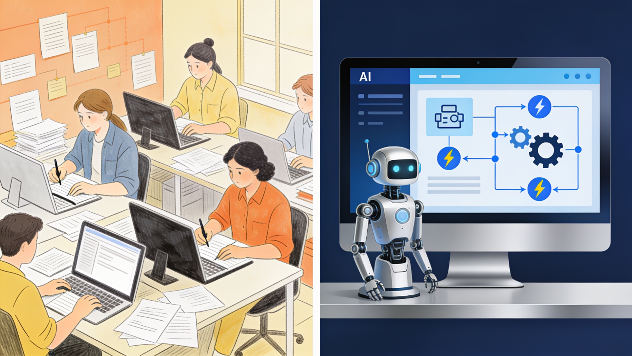 Comparison illustration of traditional human content team workflow versus automated AI content platform workflow