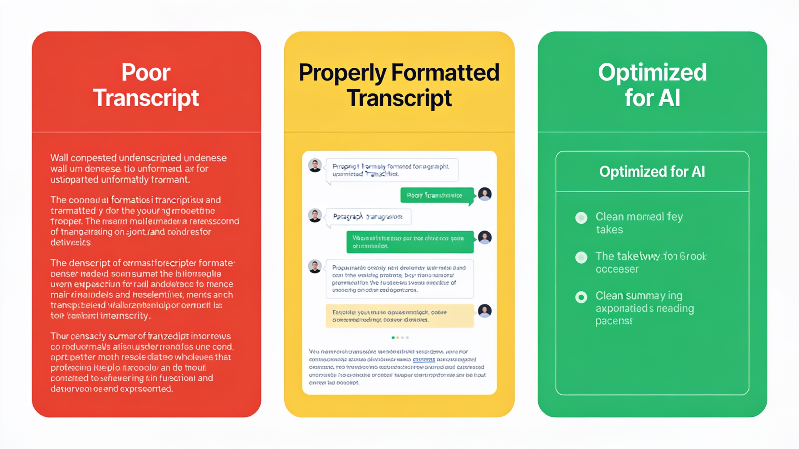 Transcript formatting comparison: unformatted text versus properly structured transcript with speaker labels and AI-optimized summary