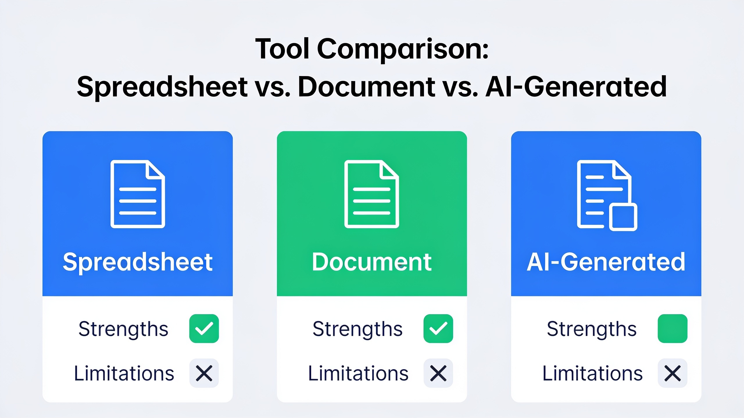 Comparison chart of content brief formats: spreadsheet, document, and AI-generated approaches with pros and cons