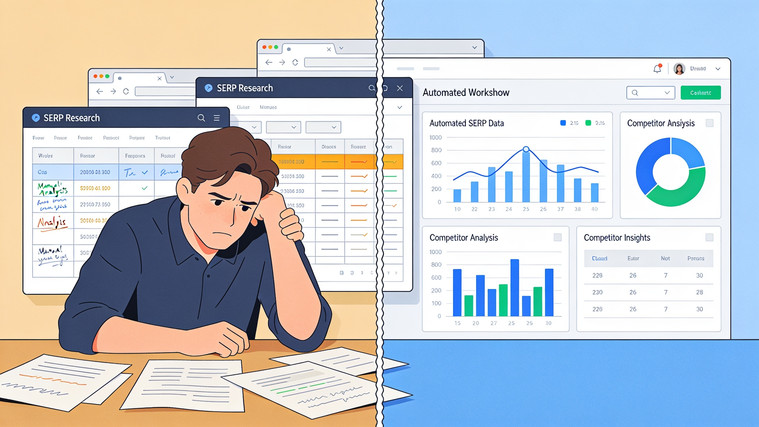 Before and after comparison of manual content research versus automated workflow efficiency