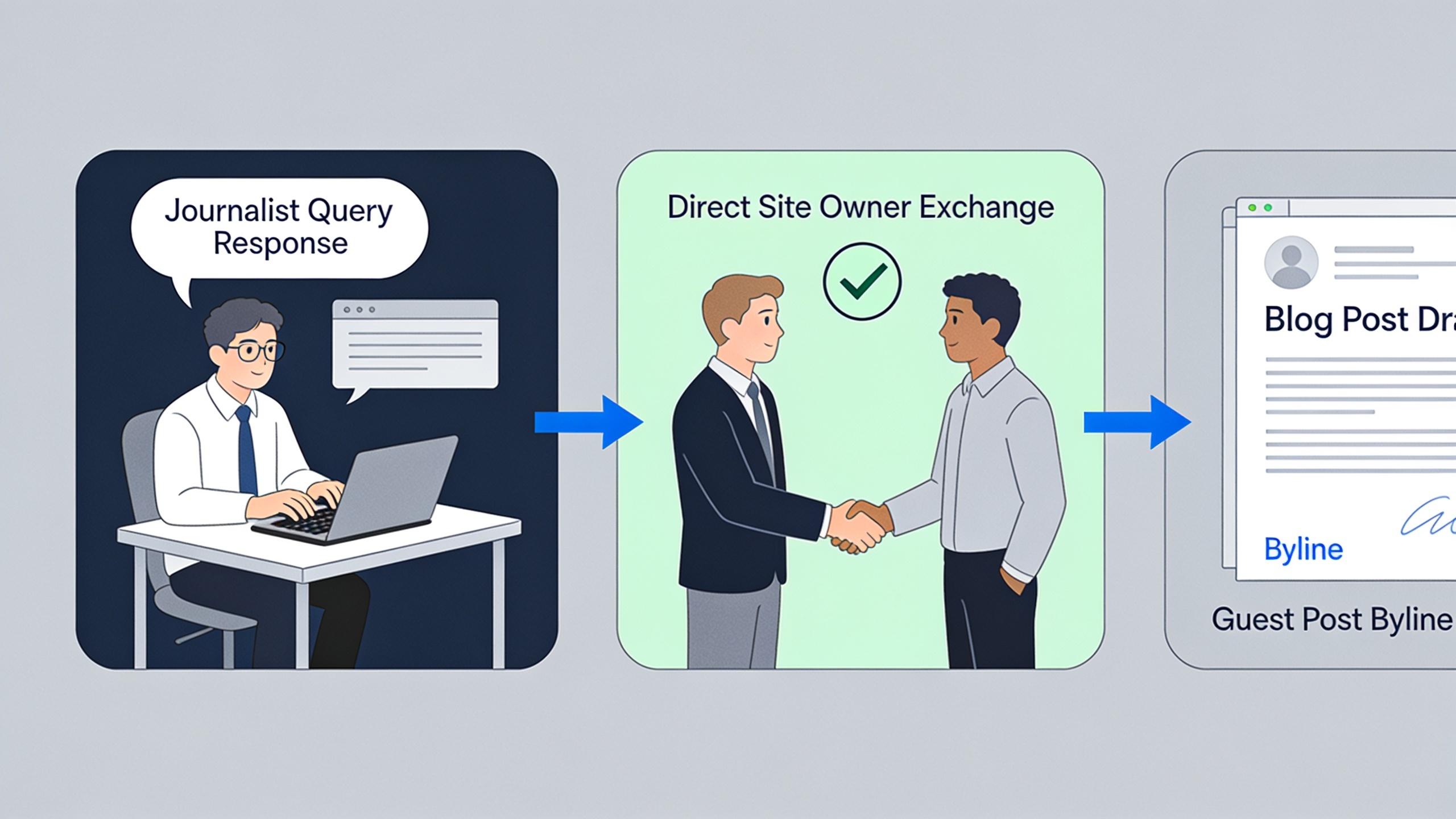Diversified link-building strategy combining journalist queries, backlink exchanges, and guest posting