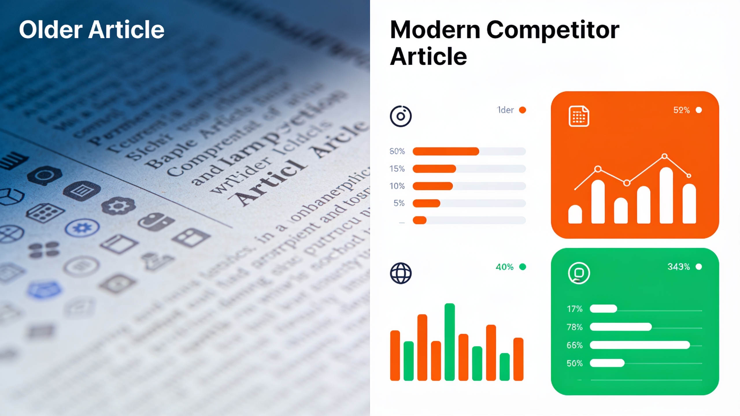 Side-by-side comparison of an outdated article versus a modern competitor article showing the difference in freshness and design